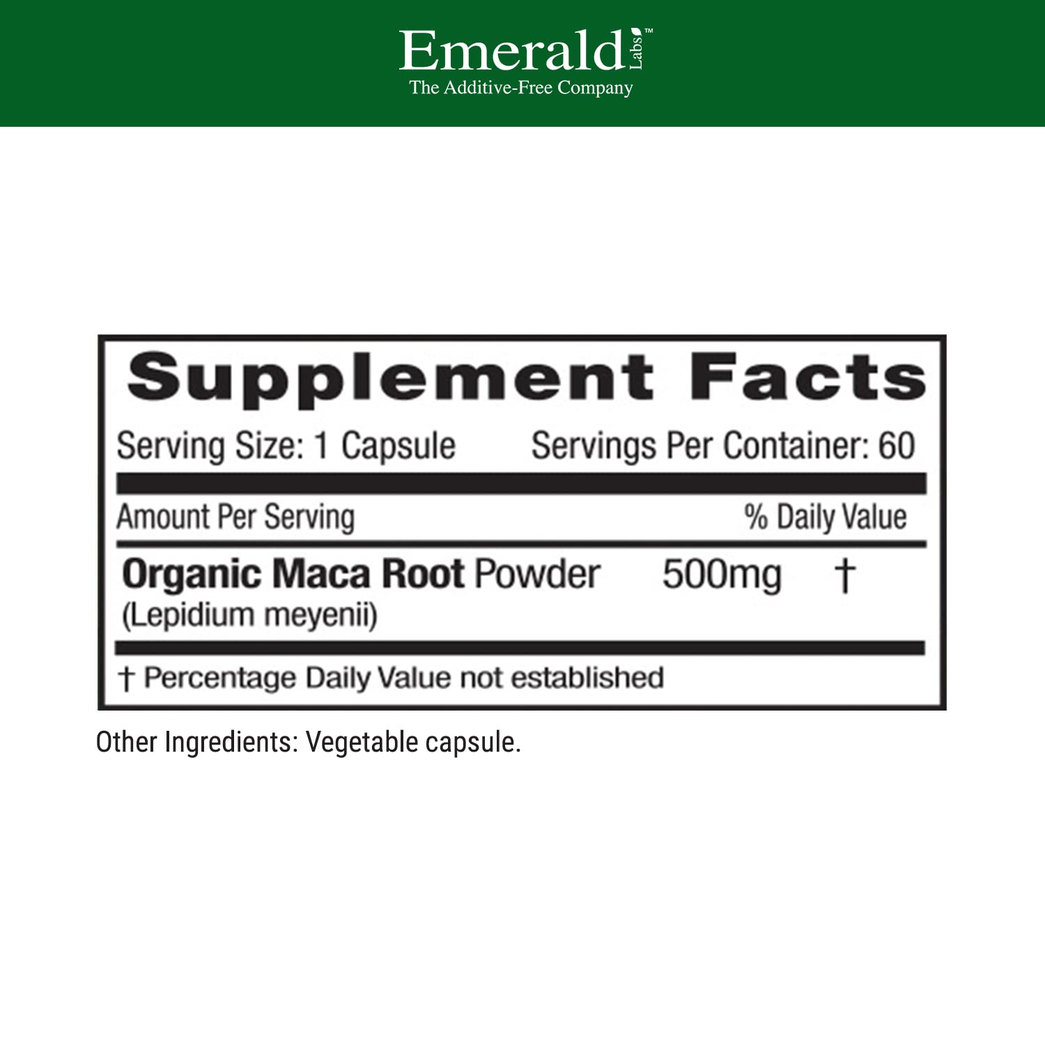 Cápsulas de Emerald Labs Maca en bote para equilibrio hormonal