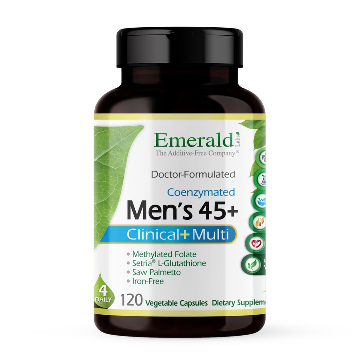 EMERALD LABS Men 45+ frasco de cápsulas para soporte diario de energía.