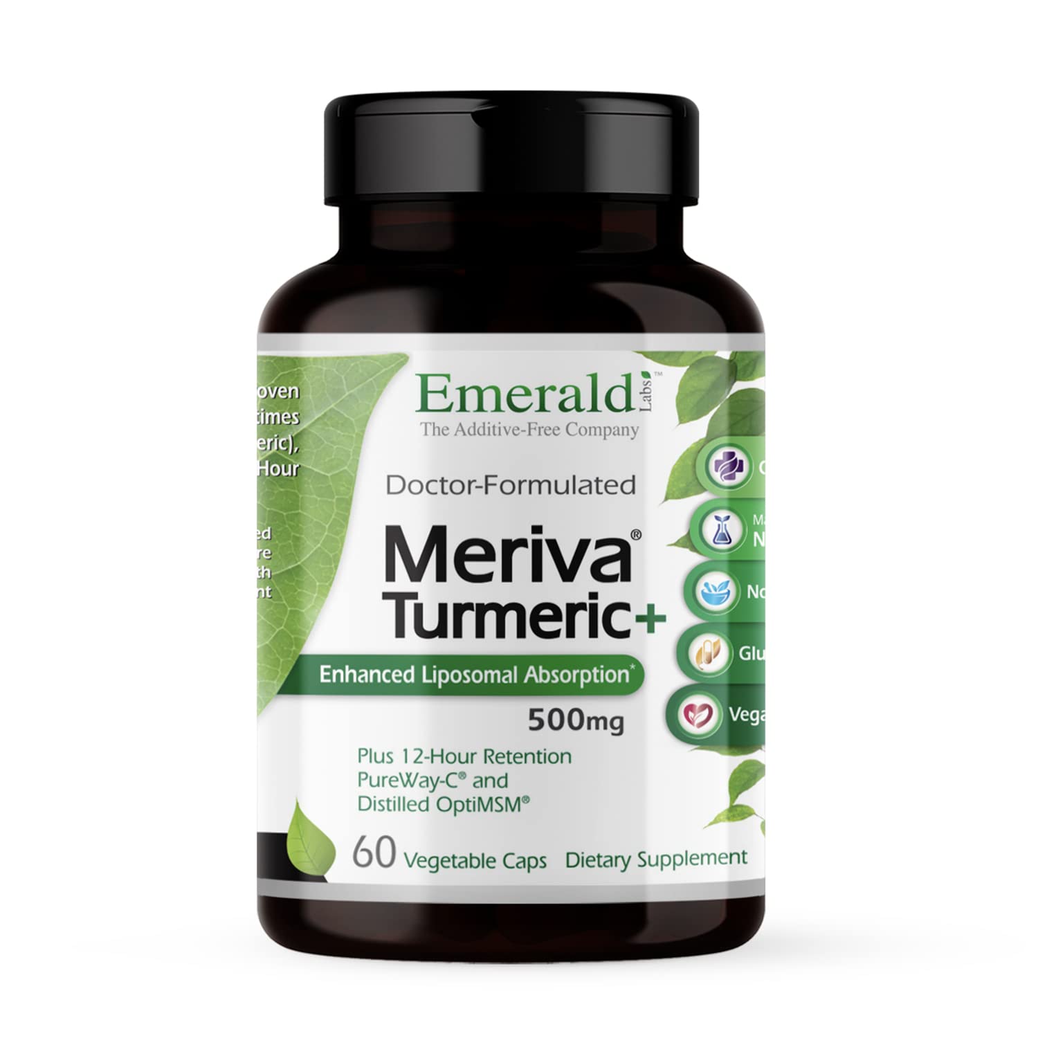 Emerald Labs Meriva Turmeric Plus en bote, posible apoyo a articulaciones y movilidad diaria.