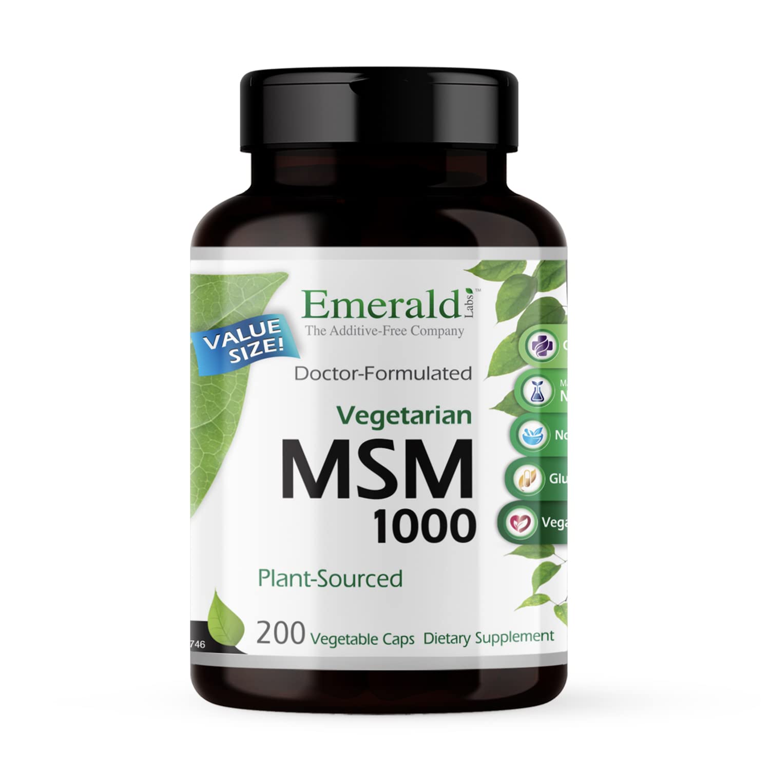 EMERALD LABS MSM 1000mg cápsulas sobre botella, posible apoyo a articulaciones.