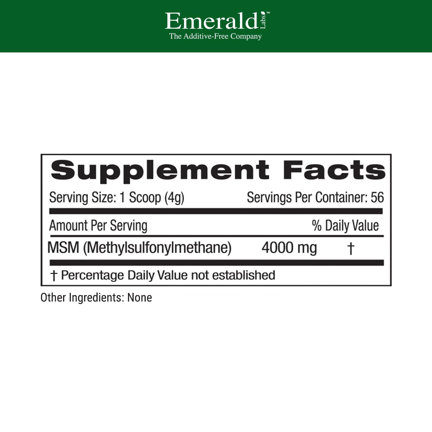 EMERALD LABS MSM Etiqueta destacada: fórmula vegana y sin gluten para una dieta equilibrada.