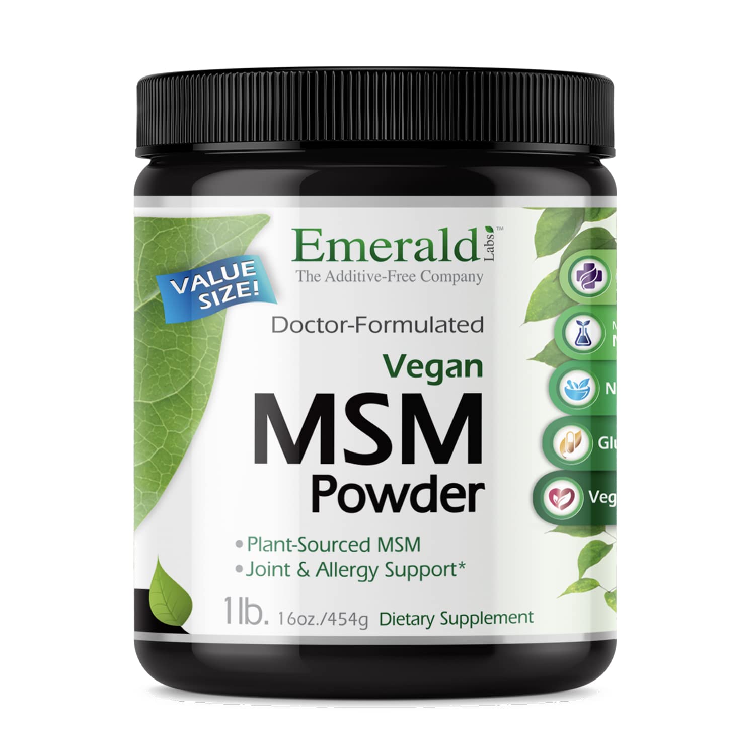 Emerald Labs MSM polvo, botella frontal, posible apoyo a la movilidad diaria