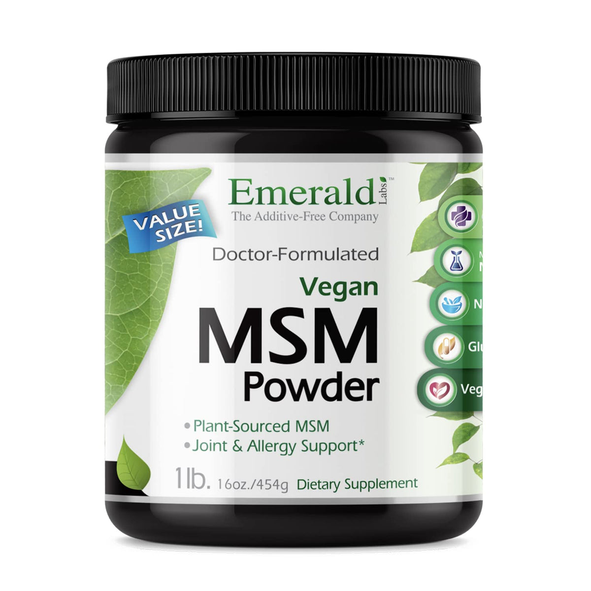 Emerald Labs MSM polvo, botella frontal, posible apoyo a la movilidad diaria
