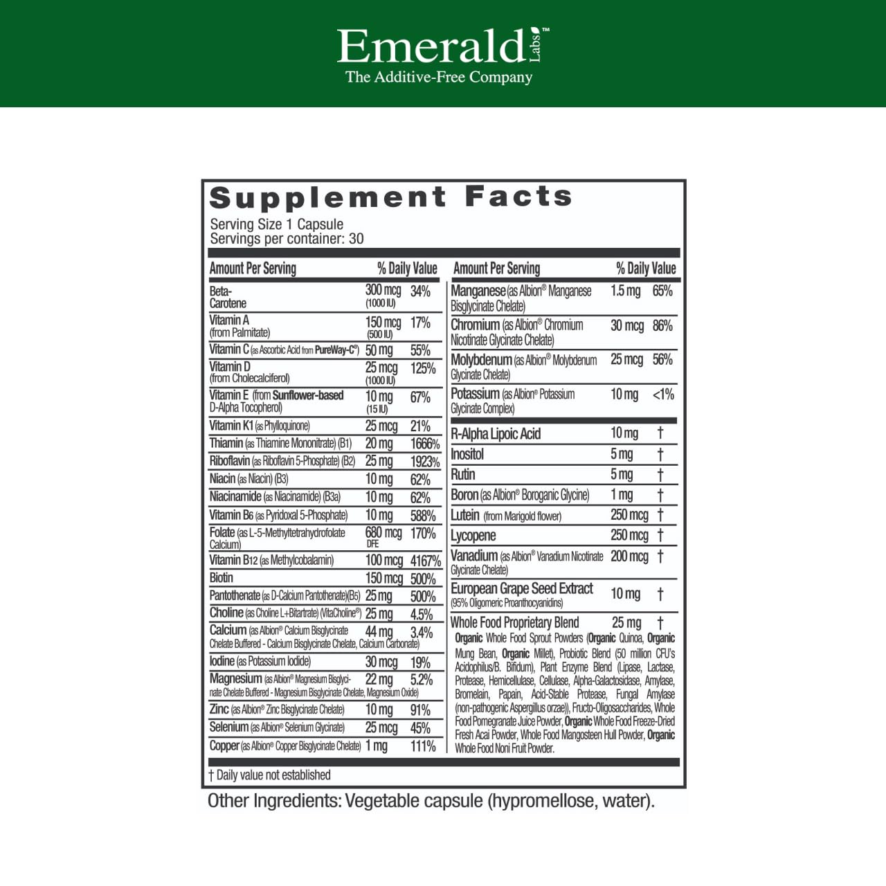 EMERALD LABS cápsulas del multivitamínico para mujer, lista para consumo diario.