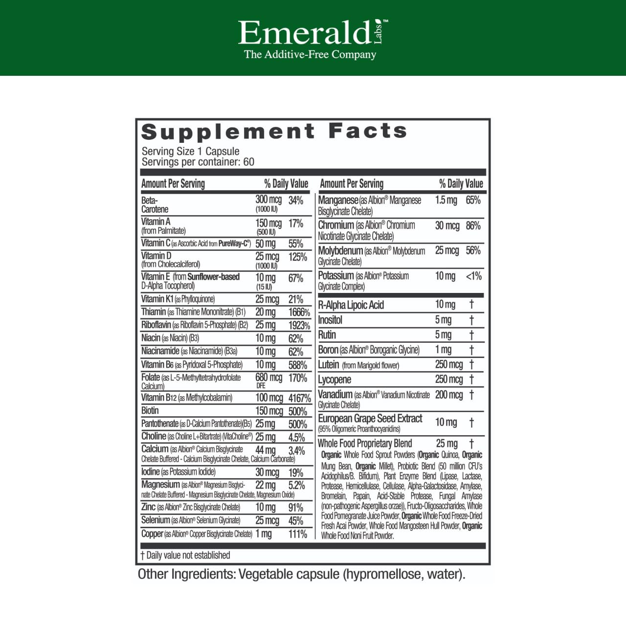 EMERALD LABS Mujer 1-Diaria Multi: etiqueta con beneficios de vitaminas y minerales