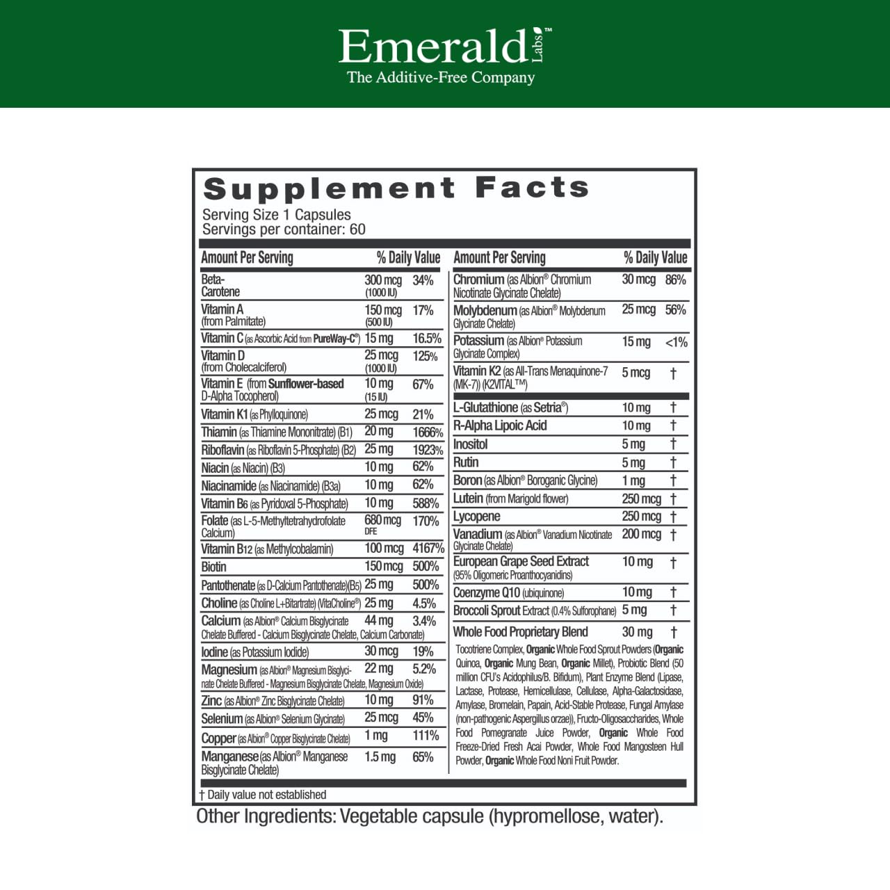 Etiqueta EMERALD LABS en frasco con nutrientes clave para mujer madura.