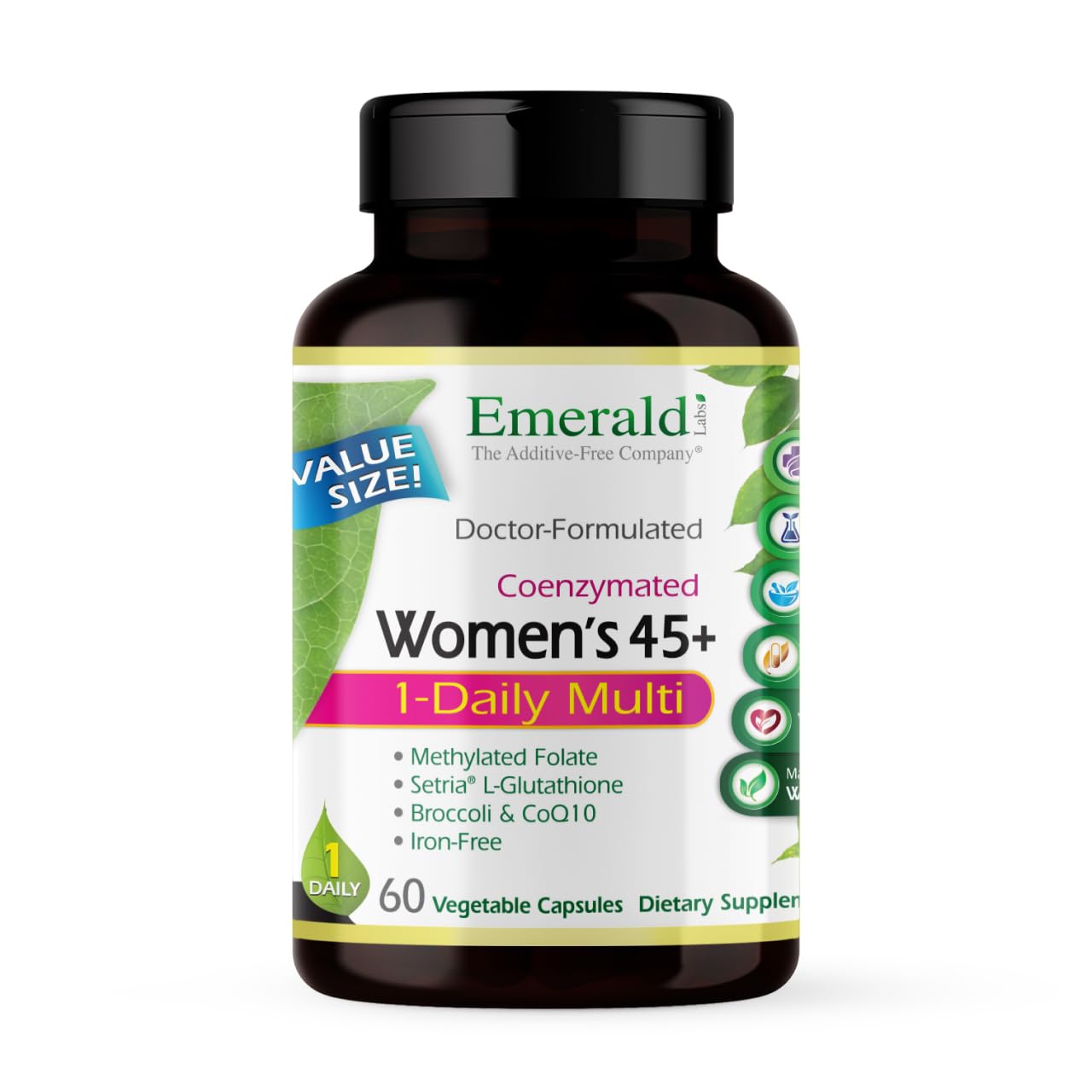EMERALD LABS Mujer 45+ multivitamínico en botella para apoyo diario.