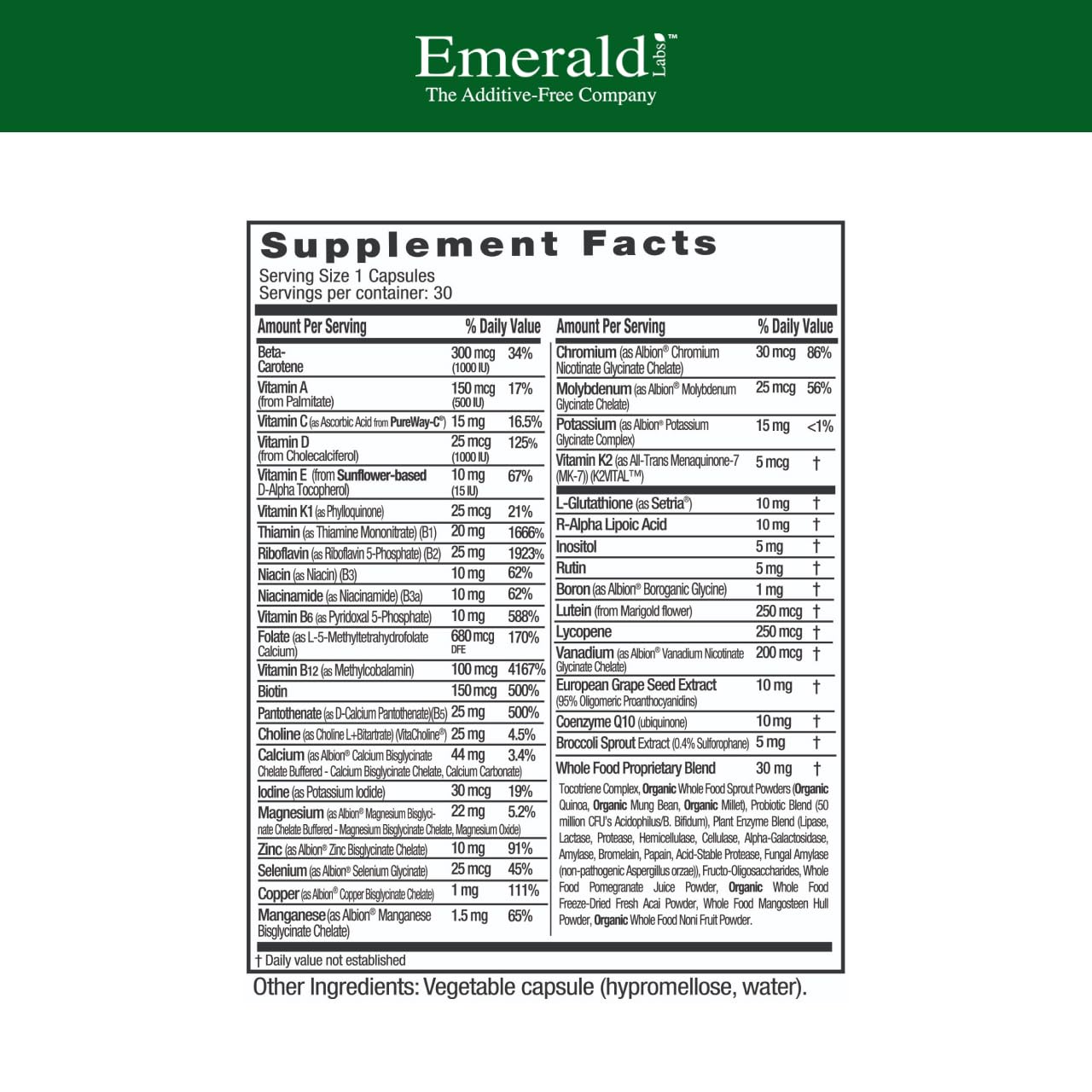 EMERALD LABS Mujer 45+ Etiqueta frontal con beneficios clave.