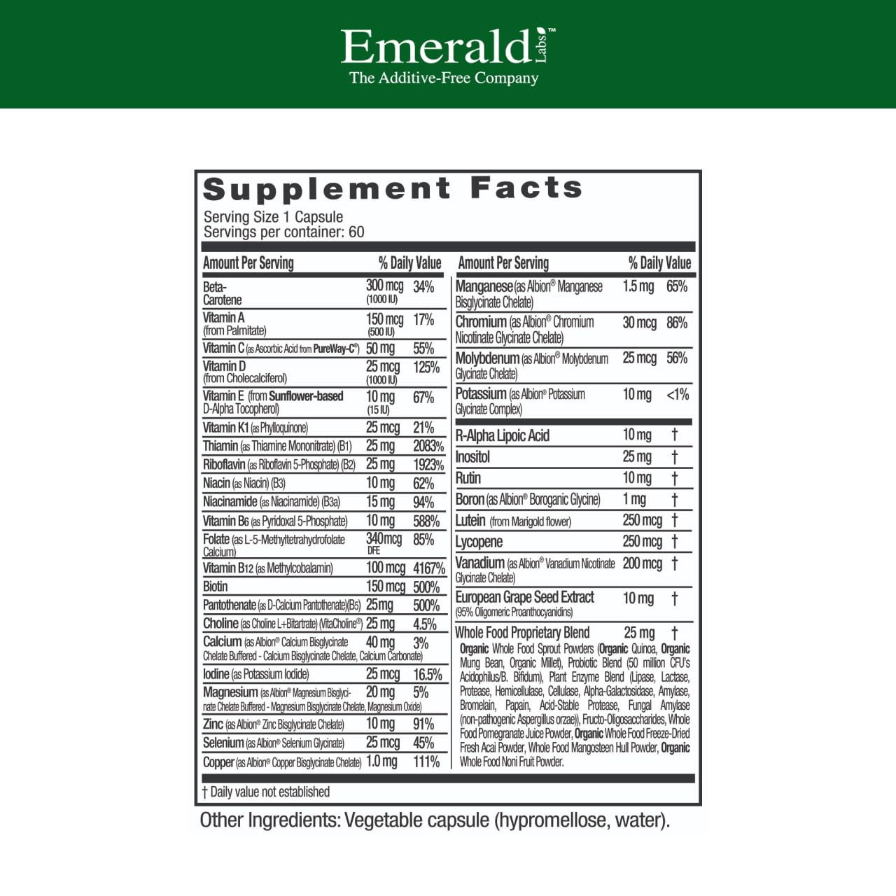 EMERALD LABS Multivitamínico Completo Diario, etiqueta frontal para verificación rápida de nutrientes