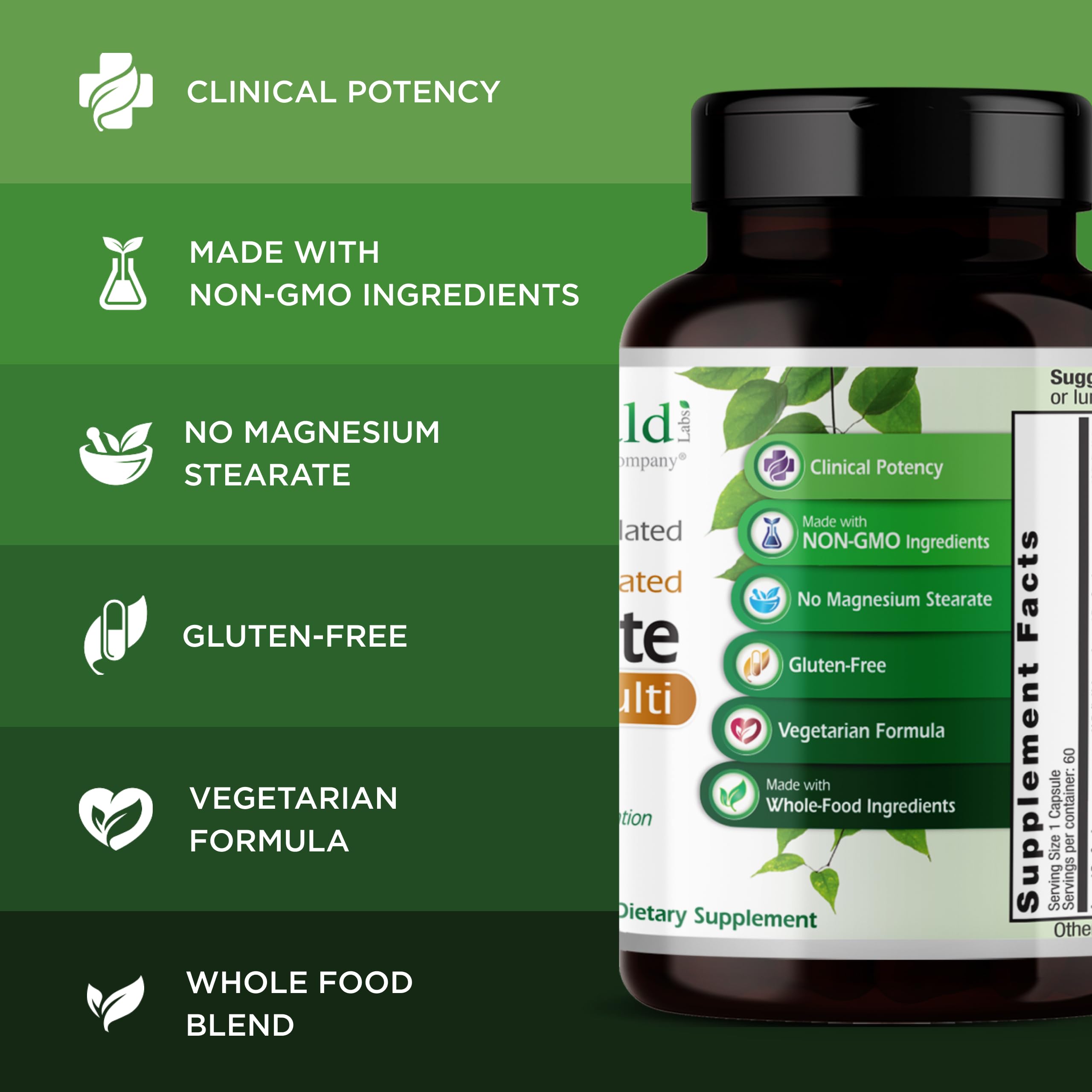 EMERALD LABS Multivitamínico Completo Diario, frasco abierto facilita el acceso diario a cápsulas