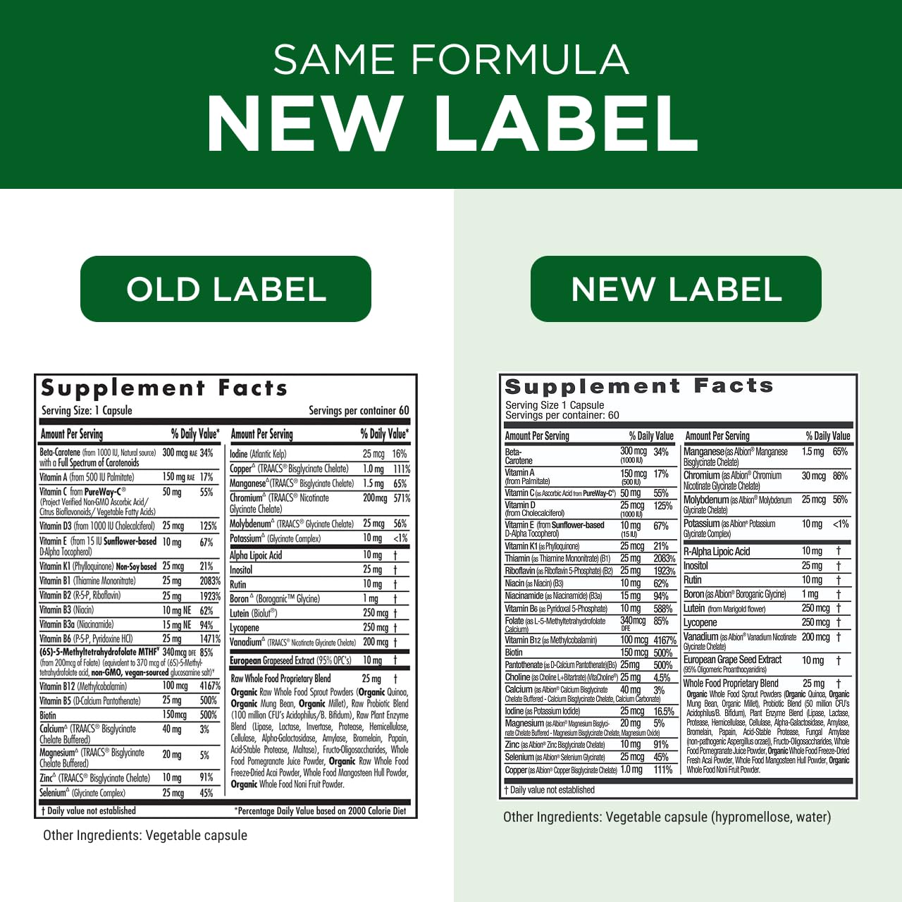EMERALD LABS Multivitamínico Completo Diario, etiqueta de ingredientes para confirmar nutrientes clave
