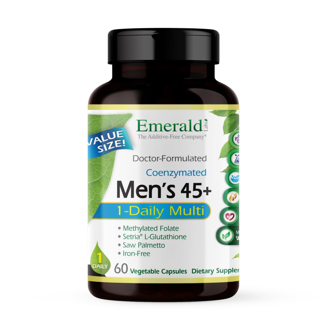 EMERALD LABS multivitamínico diario 45+ para hombres, botella frontal, apoyo energético
