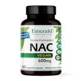 EMERALD LABS NAC 600 mg, botella frontal, formato vegano práctico para uso diario
