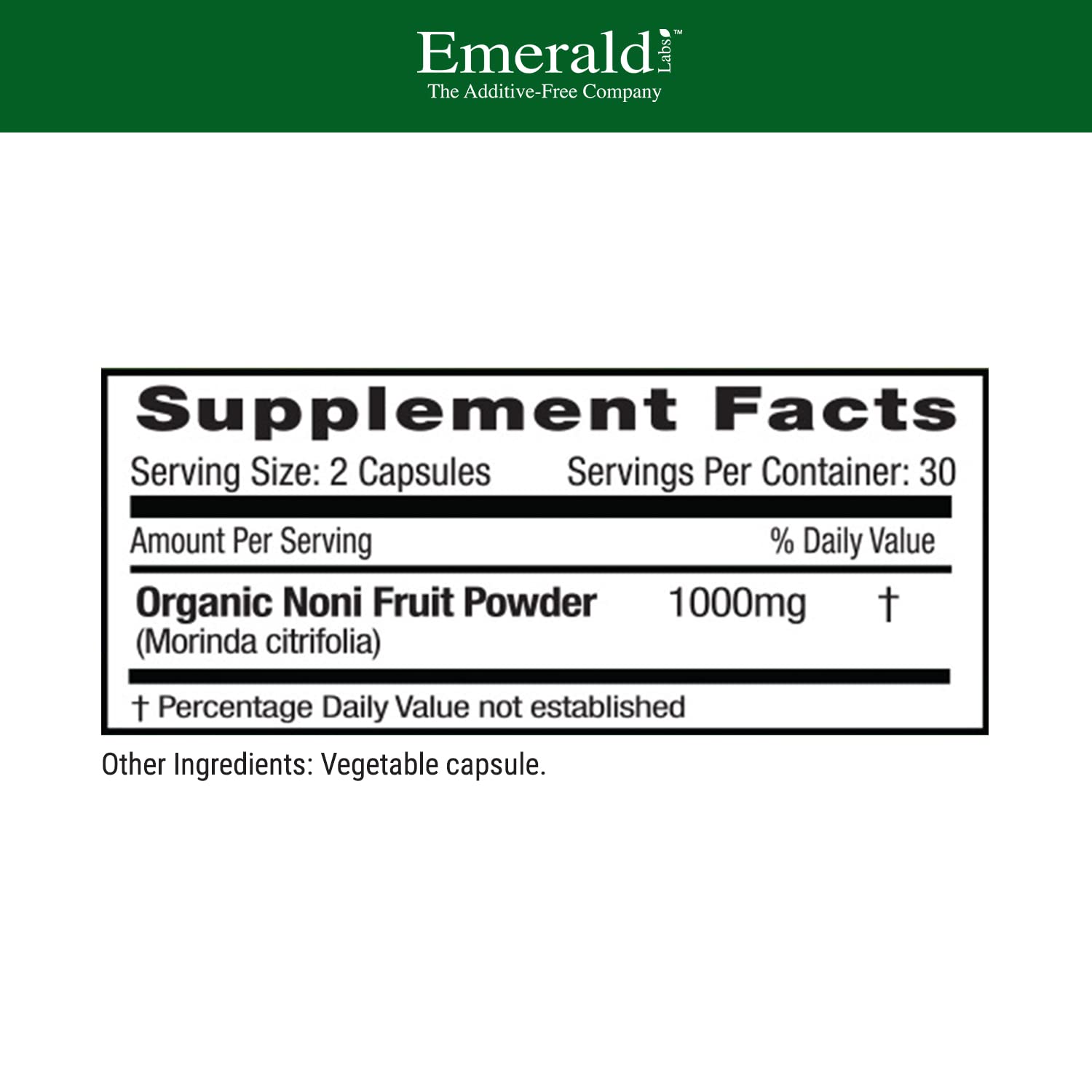 Noni Fruta Emerald Labs, cápsulas ricas en fibra para salud intestinal.