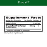 Noni Fruta Emerald Labs, cápsulas ricas en fibra para salud intestinal.