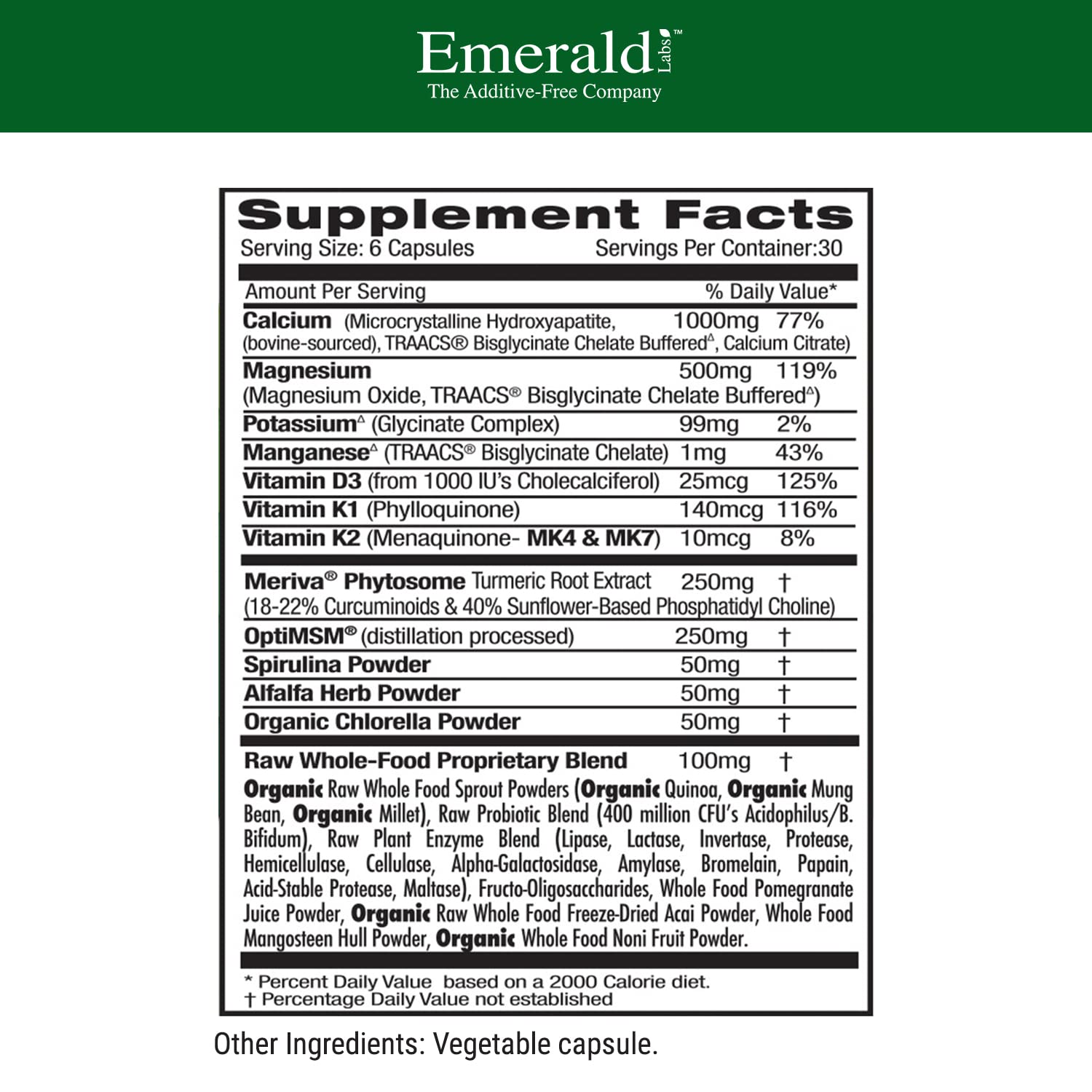 Emerald Labs Osteolab: botella con 180 cápsulas para uso diario.