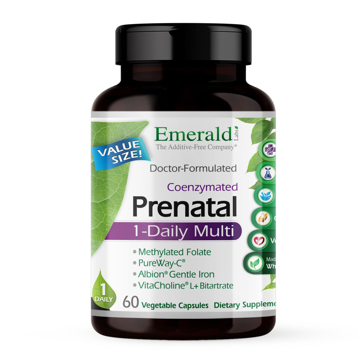 Emerald Labs Prenatal: bote de cápsulas vegetales para apoyo nutricional durante el embarazo