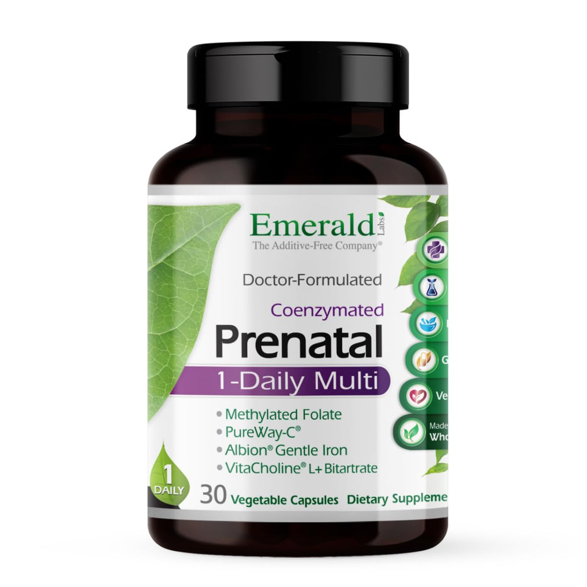 Emerald Labs Prenatal botella para uso diario durante la gestación.