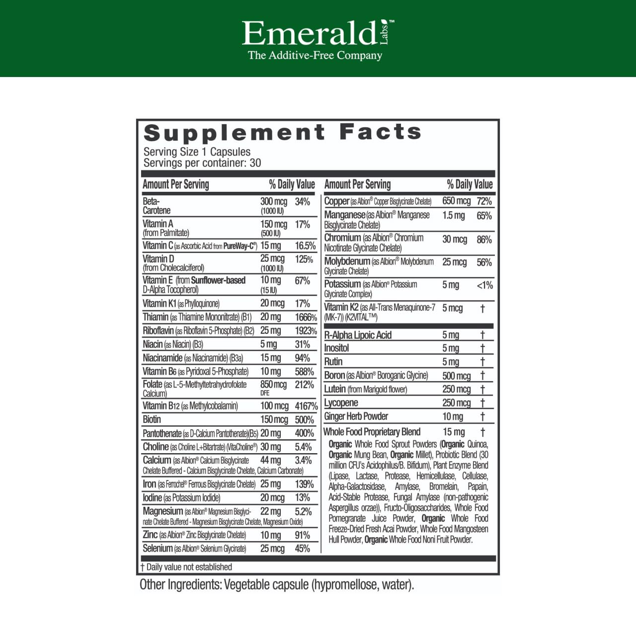 Emerald Labs Prenatal cápsulas vegetales para nutrientes diarios.