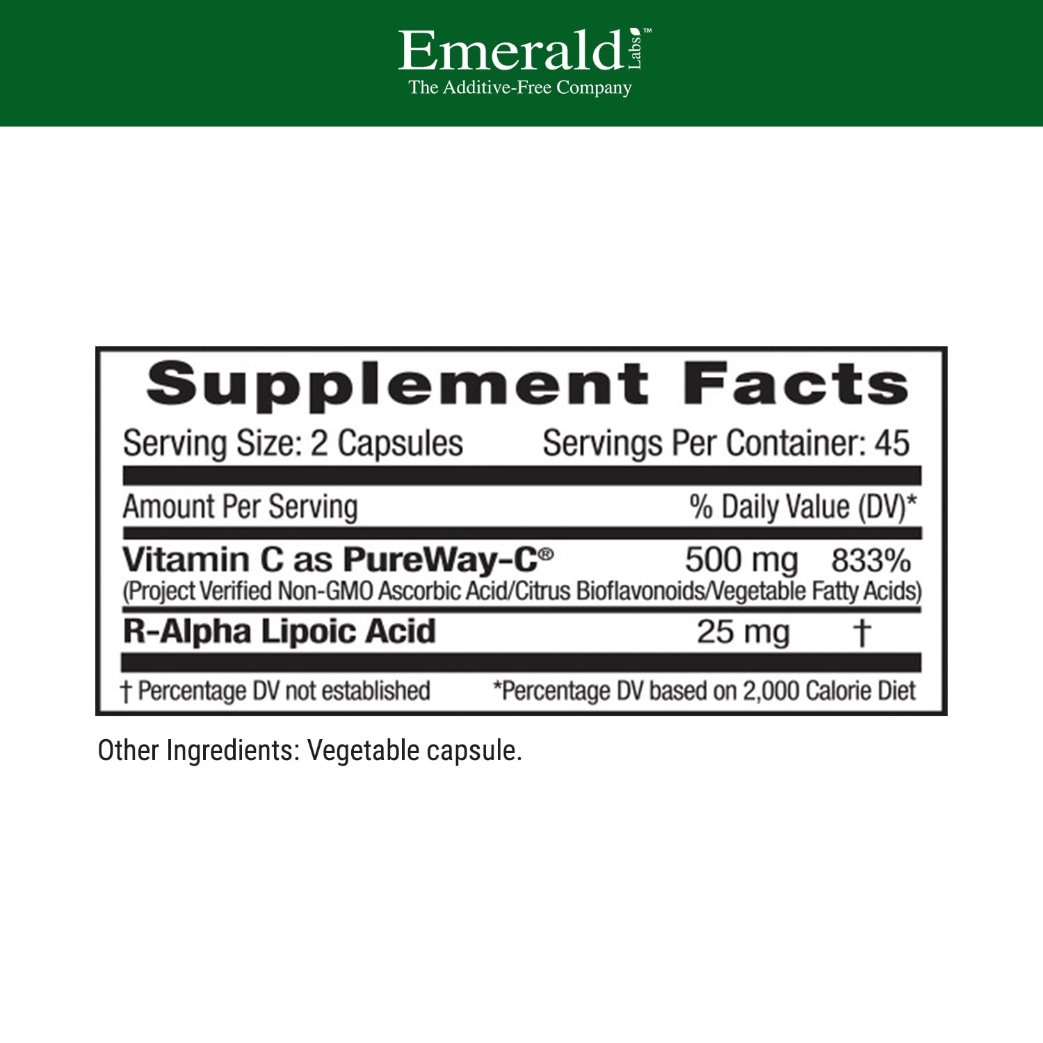 Emerald Labs PureWay-C cápsulas-detalle, 500 mg de vitamina C por dos cápsulas.