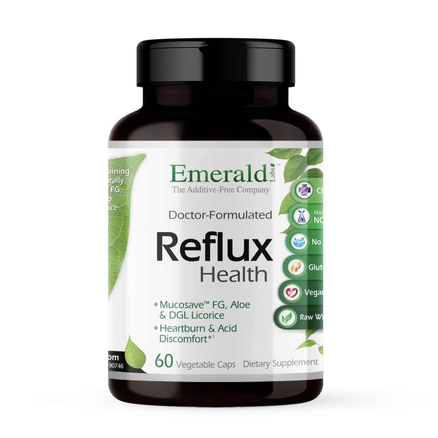 EMERALD LABS Reflux Health, botella con Mucosave para apoyo digestivo suave