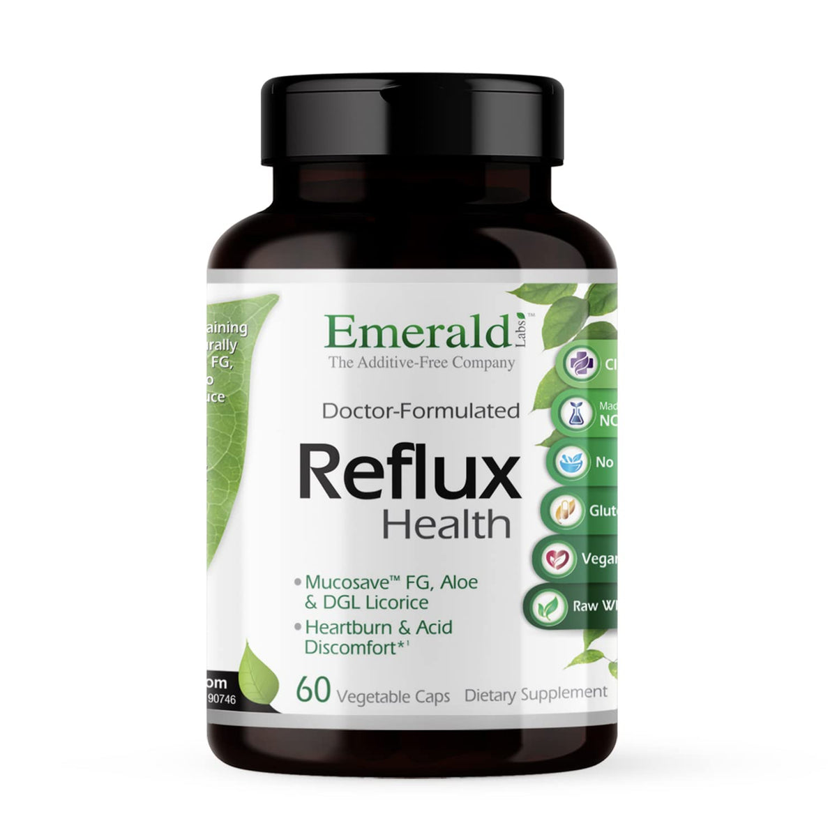 EMERALD LABS Reflux Health, botella con Mucosave para apoyo digestivo suave