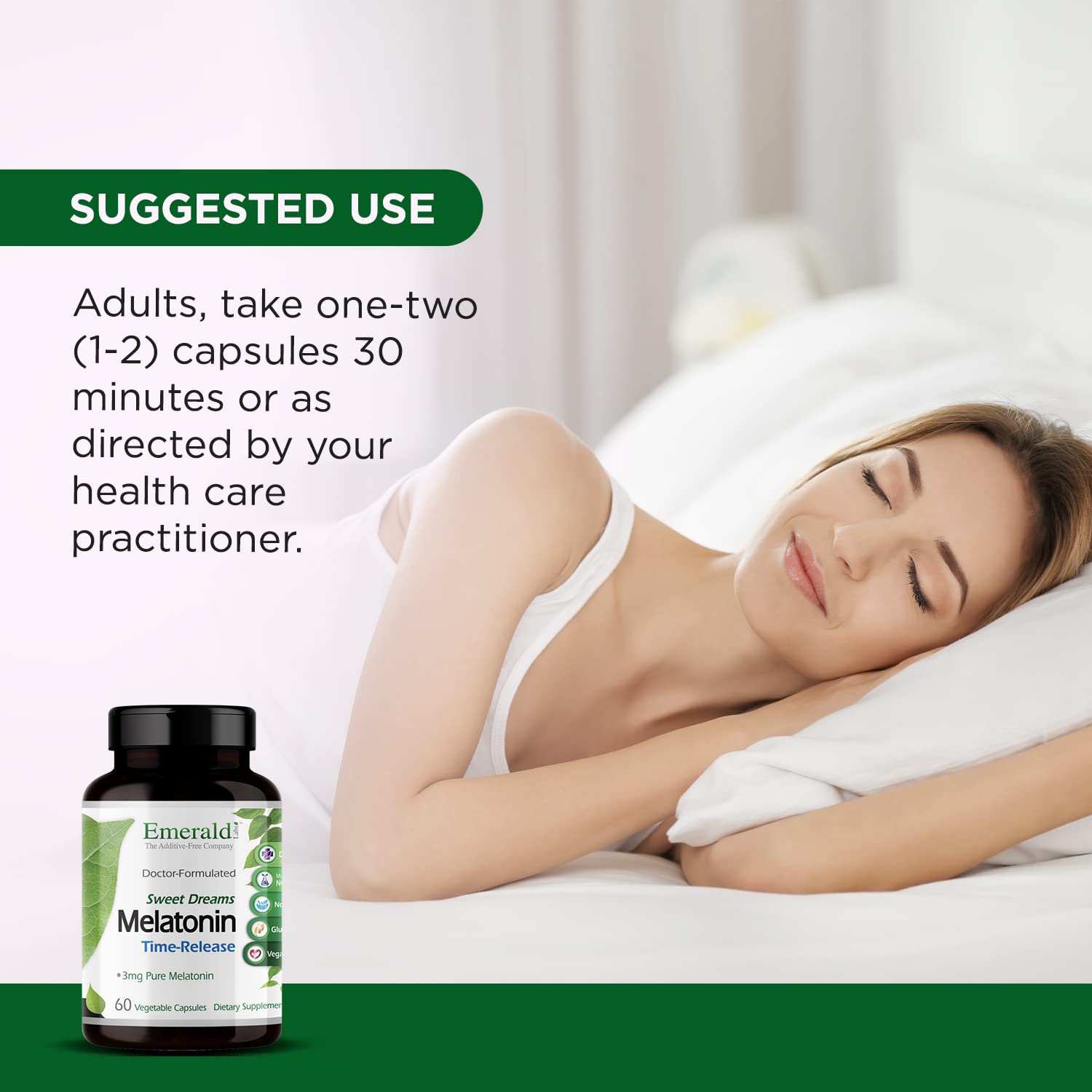 Escena nocturna con Emerald Labs Dulces Sueños Melatonina para rutina de descanso