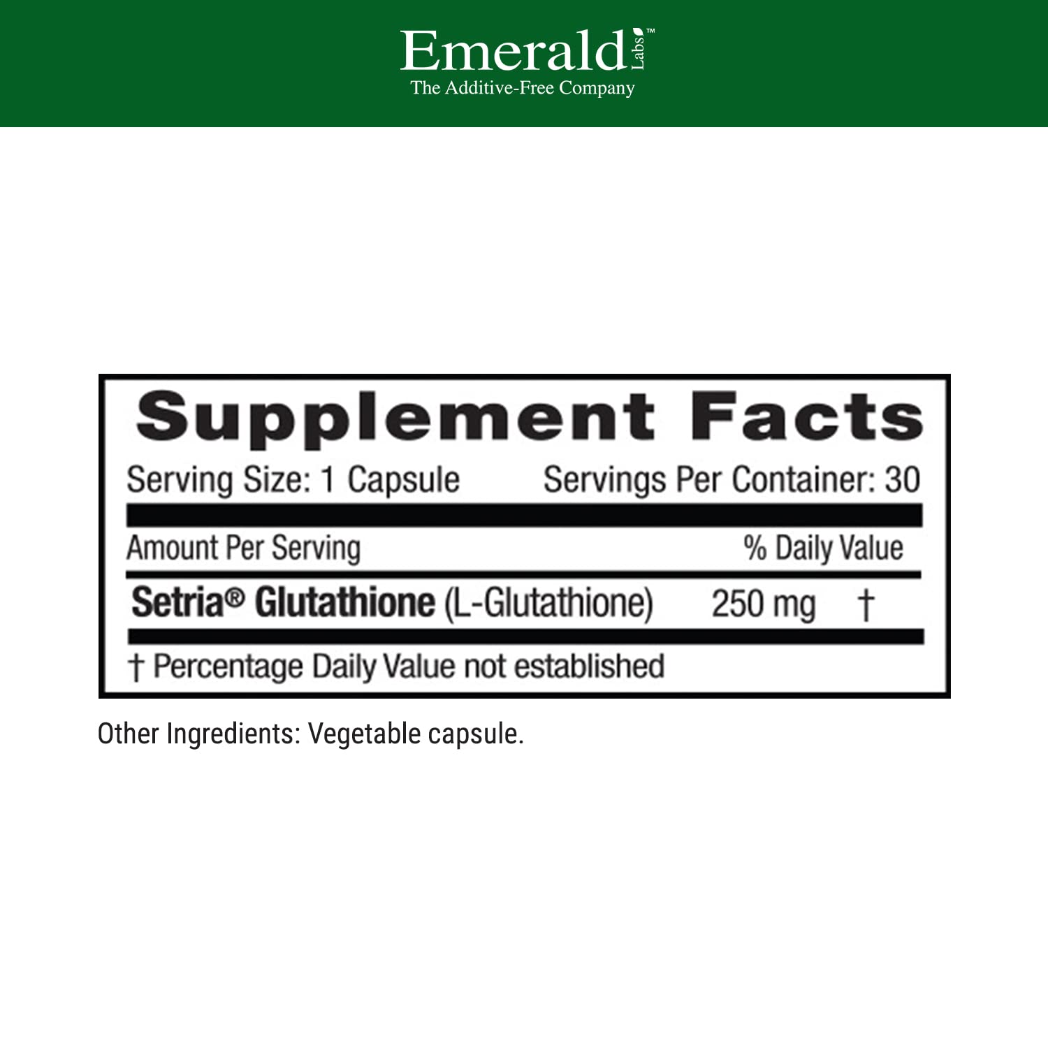 EMERALD LABS Setria L-Glutathione: etiqueta frontal que destaca absorción óptima.