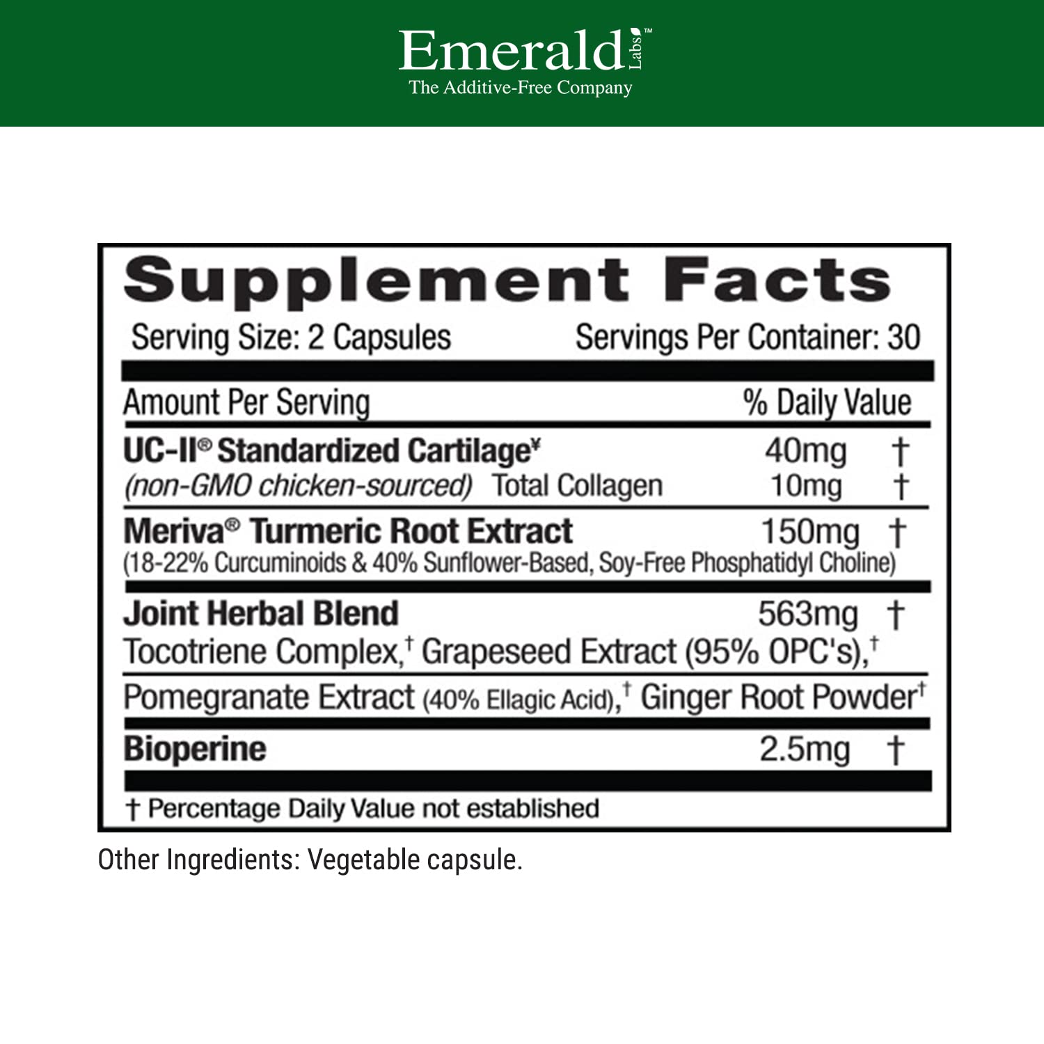 EMERALD LABS UC-II: ingredientes clave Meriva y cúrcuma para apoyo articular.