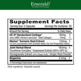 EMERALD LABS UC-II: ingredientes clave Meriva y cúrcuma para apoyo articular.