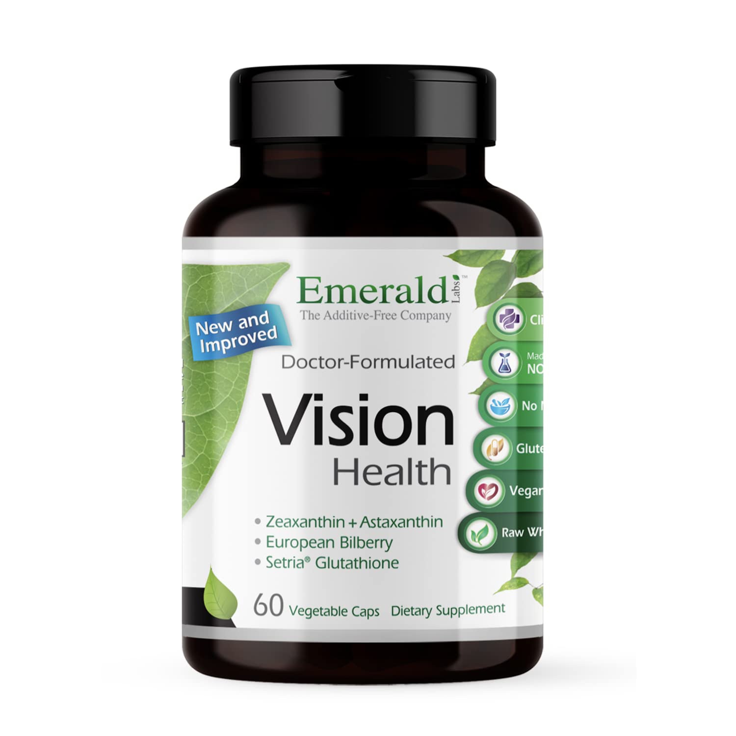 Emerald Labs Visión Salud frasco frontal para apoyo diario ocular.