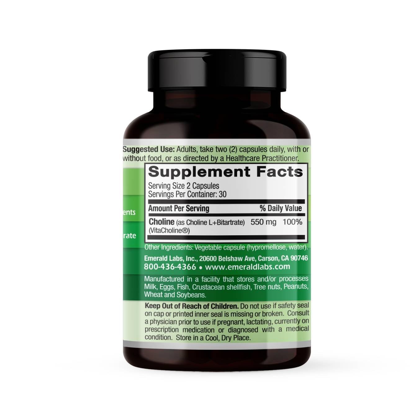 Etiqueta frontal de Emerald Labs VitaCholine 550mg para uso diario