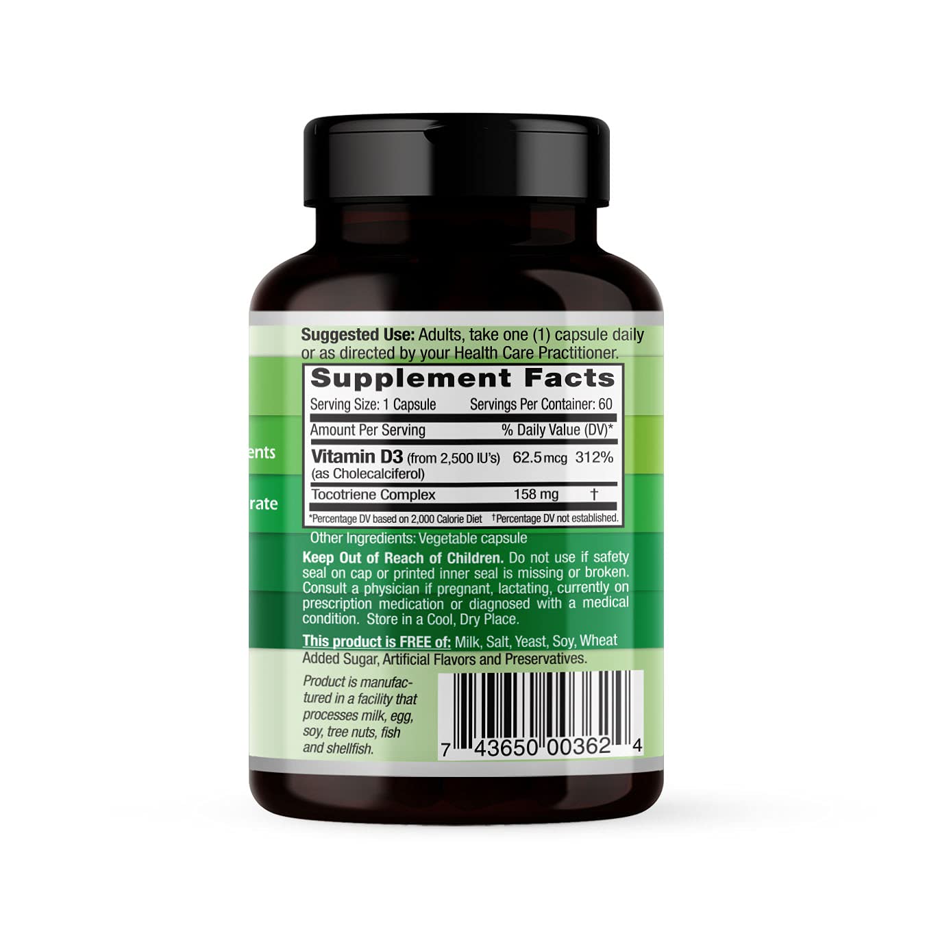 Emerald Labs Vitamina D3 2500 UI, etiqueta, información clara y uso diario seguro