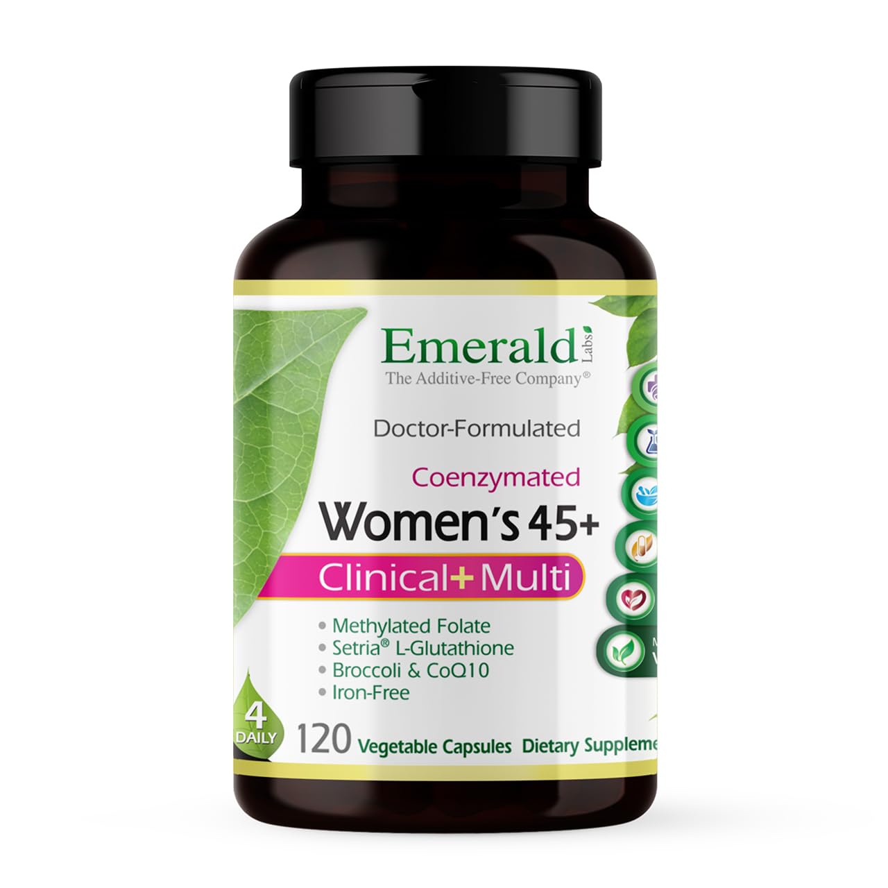 Emerald Labs Mujer 45+ multivitamínico en botella para apoyo diario.