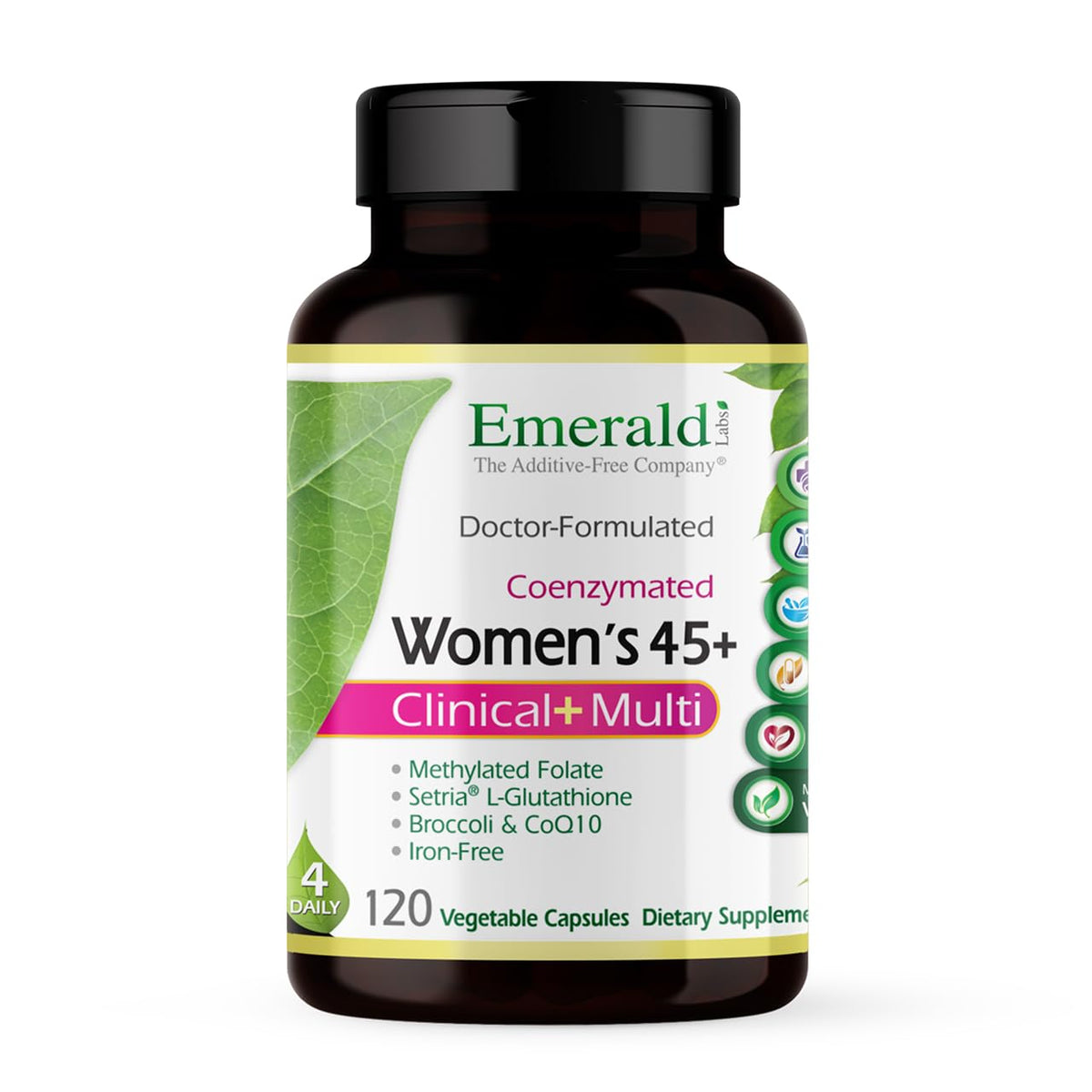 Emerald Labs Mujer 45+ multivitamínico en botella para apoyo diario.