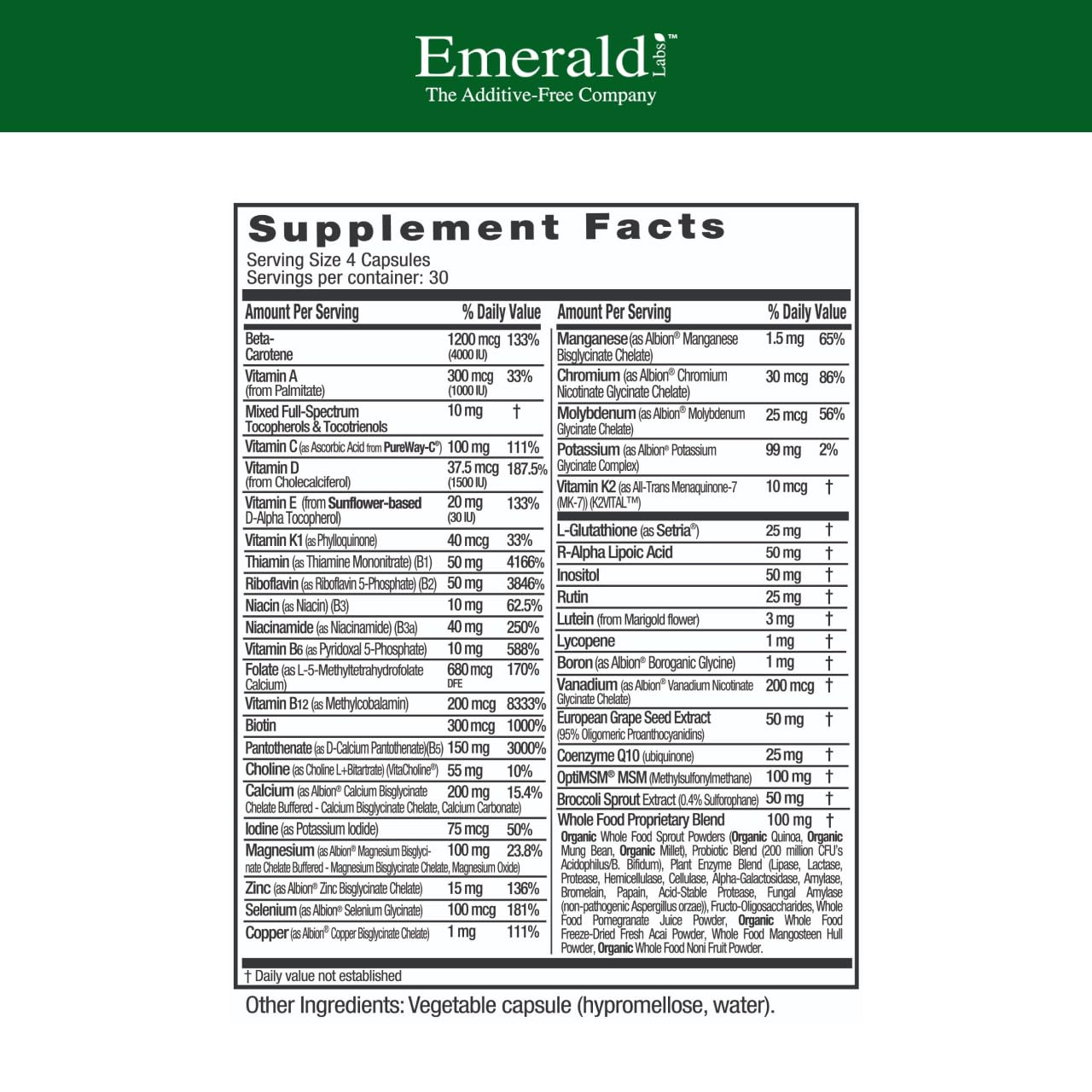 Emerald Labs Mujer 45+ multivitamínico cápsulas close-up para uso diario.