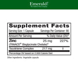 Etiqueta de Emerald Labs Zinc 25mg con beneficios para la digestión y el estrés oxidativo.