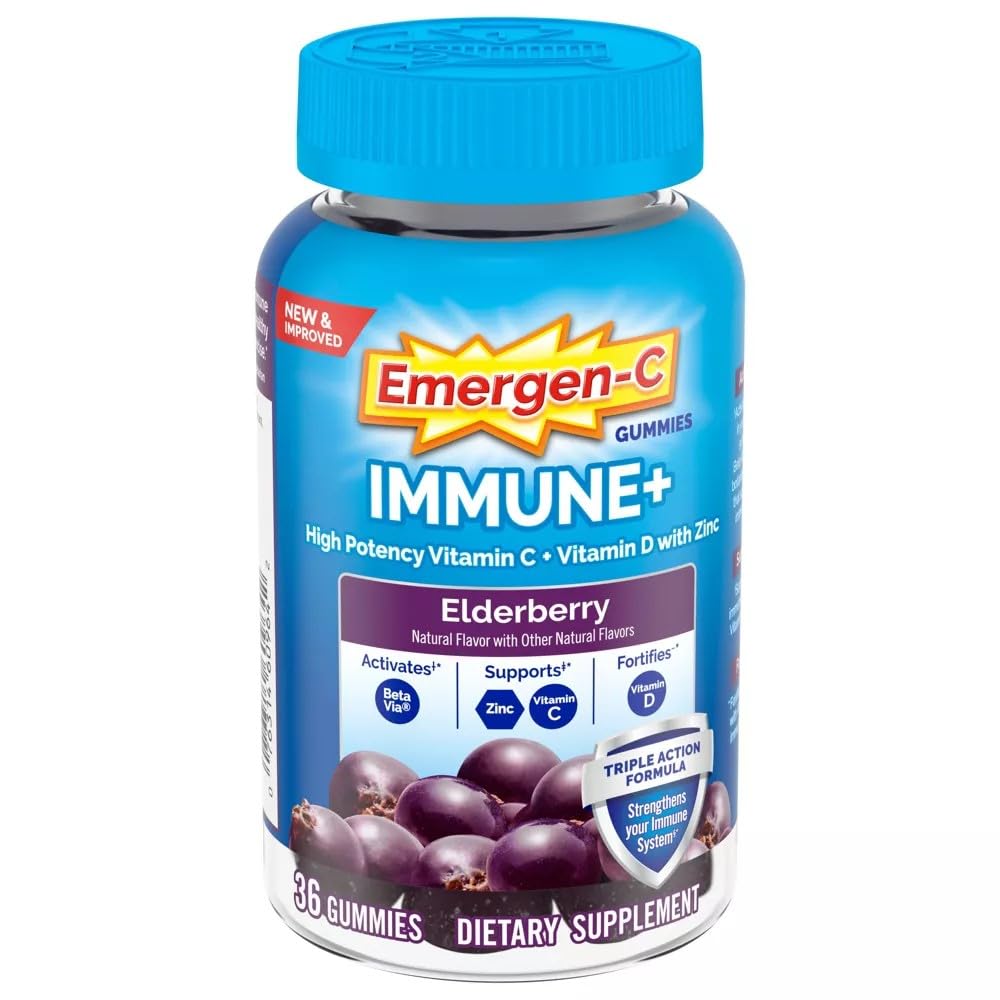 Emergen-C Immune+ Gomitas sabor saúco en bote, snack diario sin gluten.