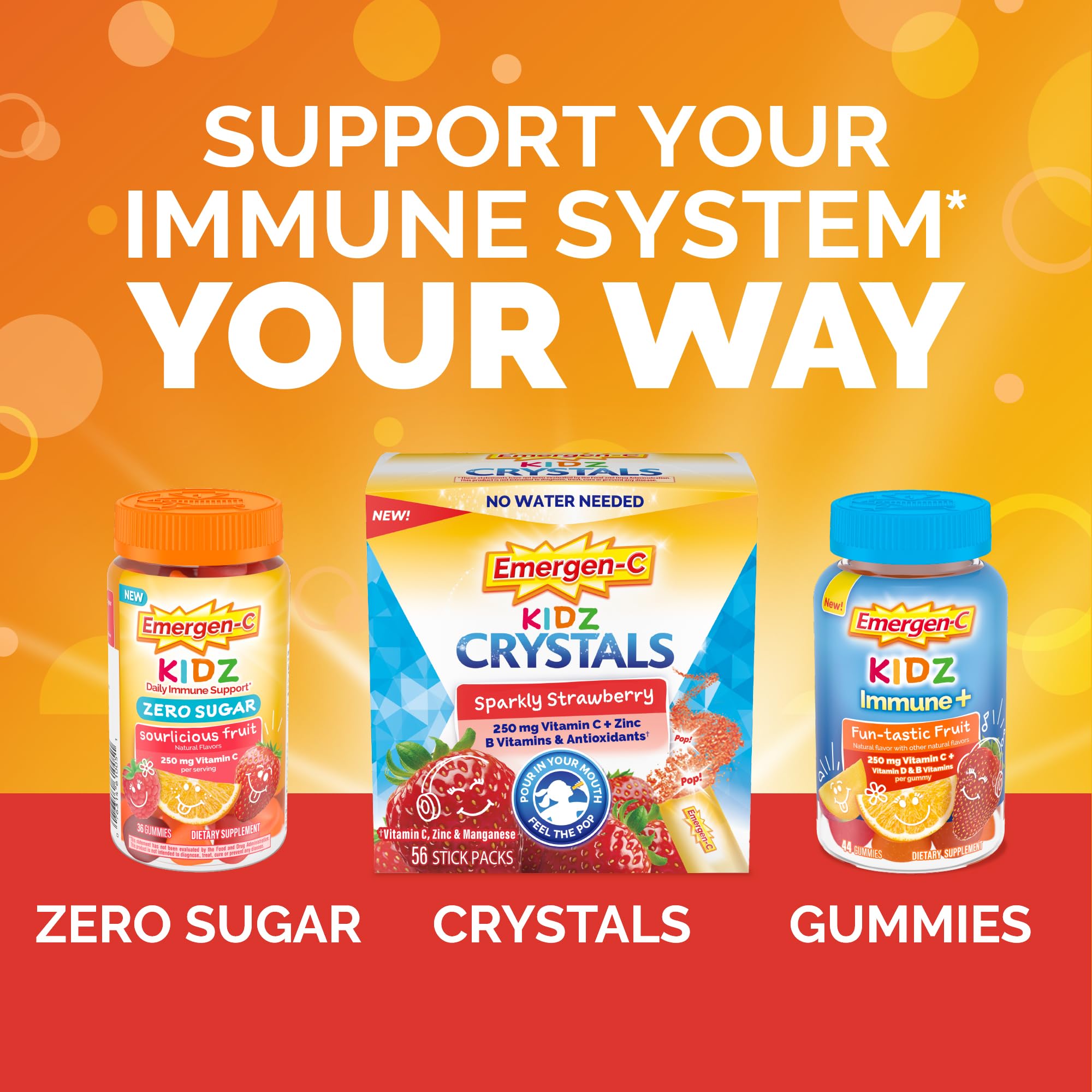 Emergen-C Kidz, gomitas sin cafeína, gluten y aptas para vegetarianos.