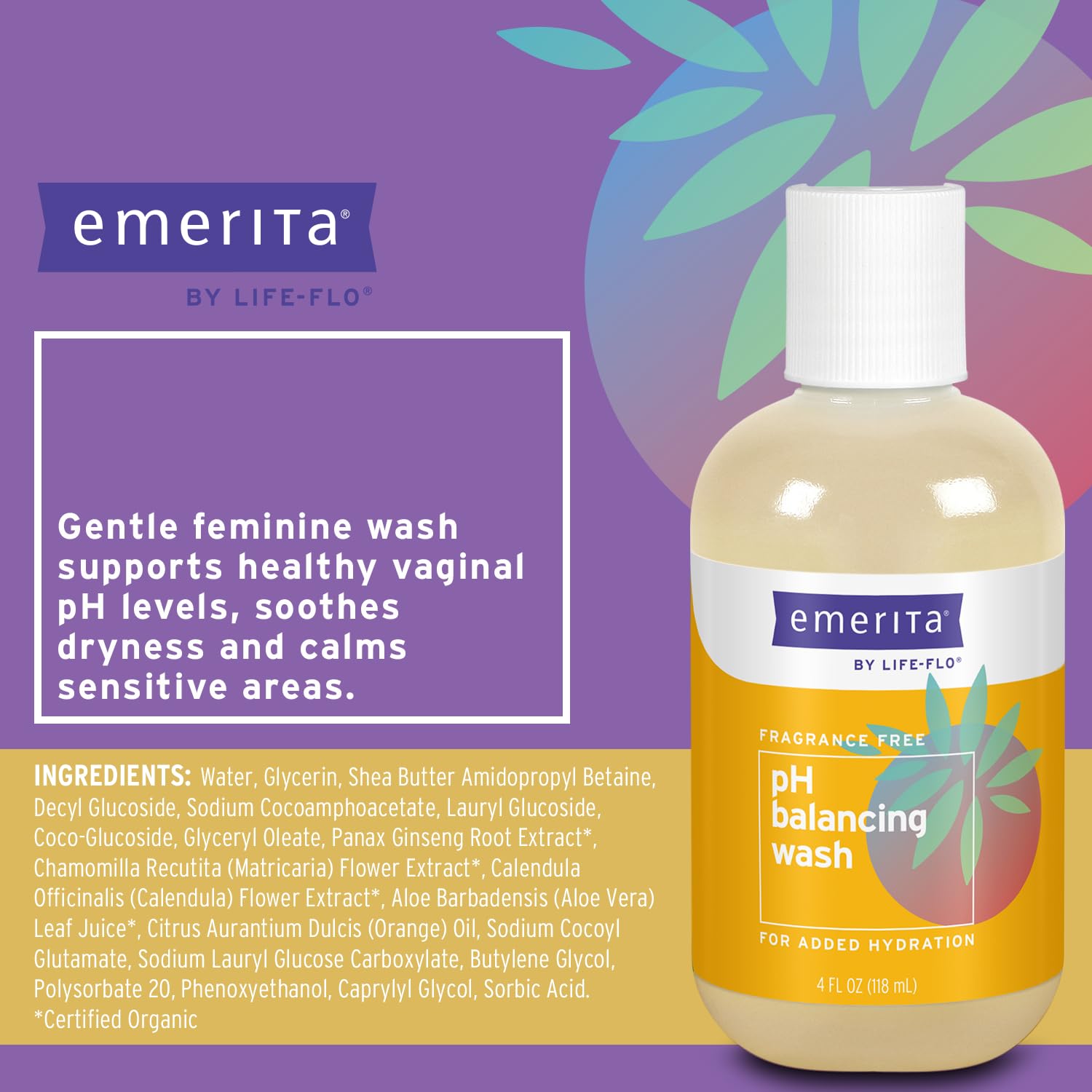 Emerita Life-Flo fórmula sin fragancia, limpieza suave para piel sensible.