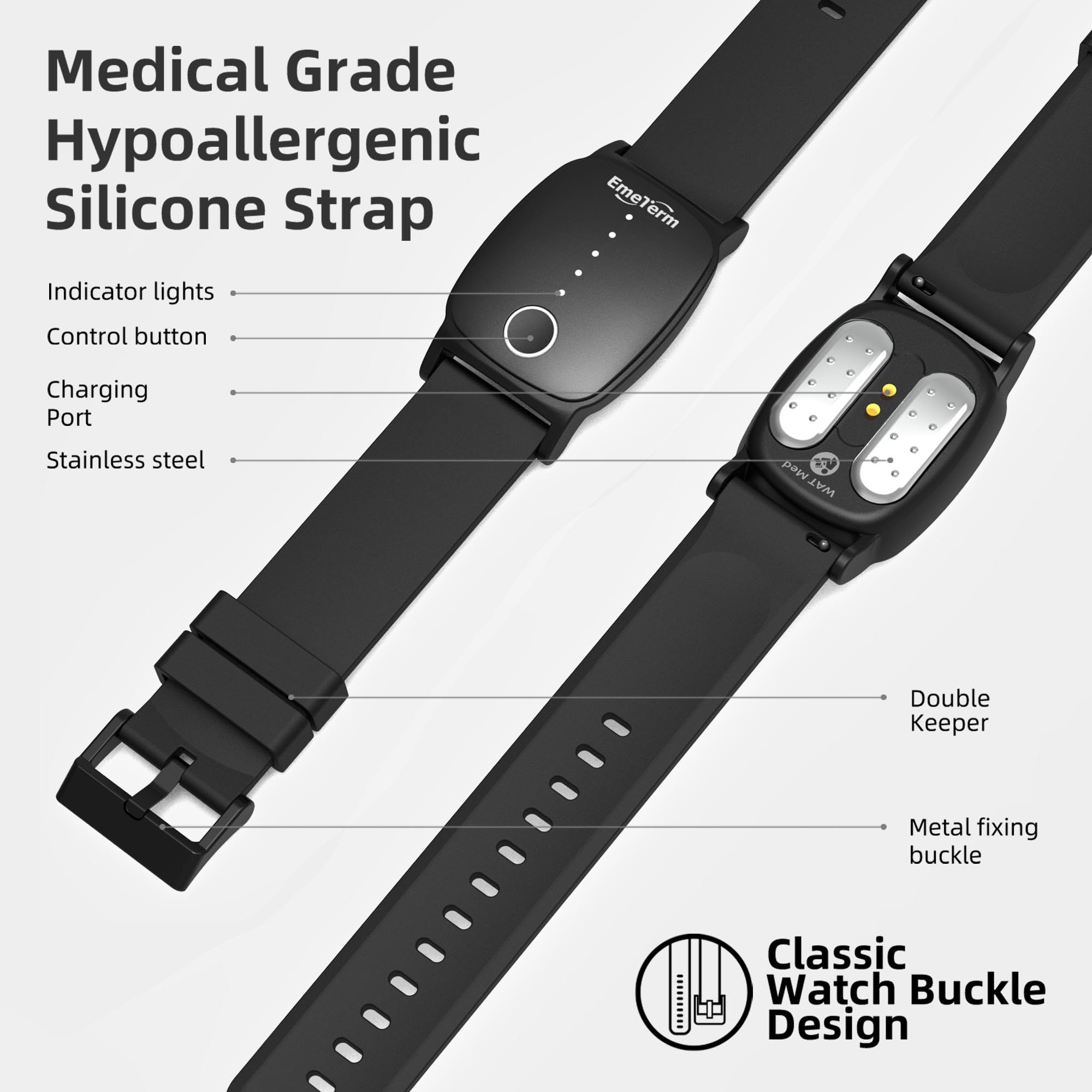 Contenido de la caja EmeTerm Explore: pulsera, cable y gel opcional.
