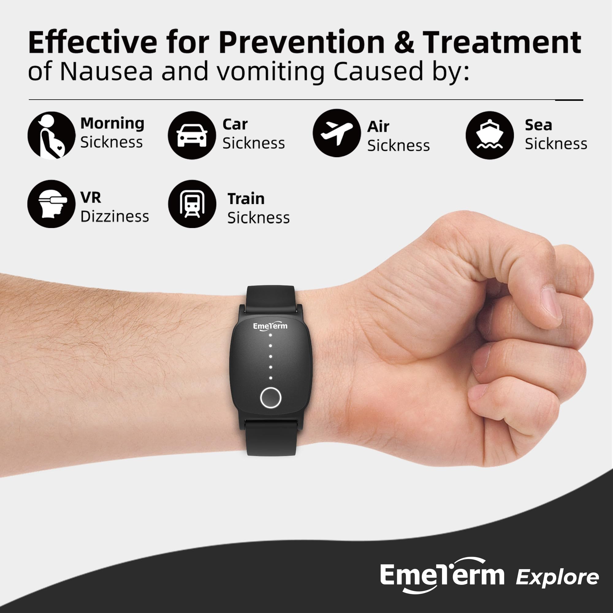 Pulsera EmeTerm Explore para uso diario, alivio cómodo sin fármacos.