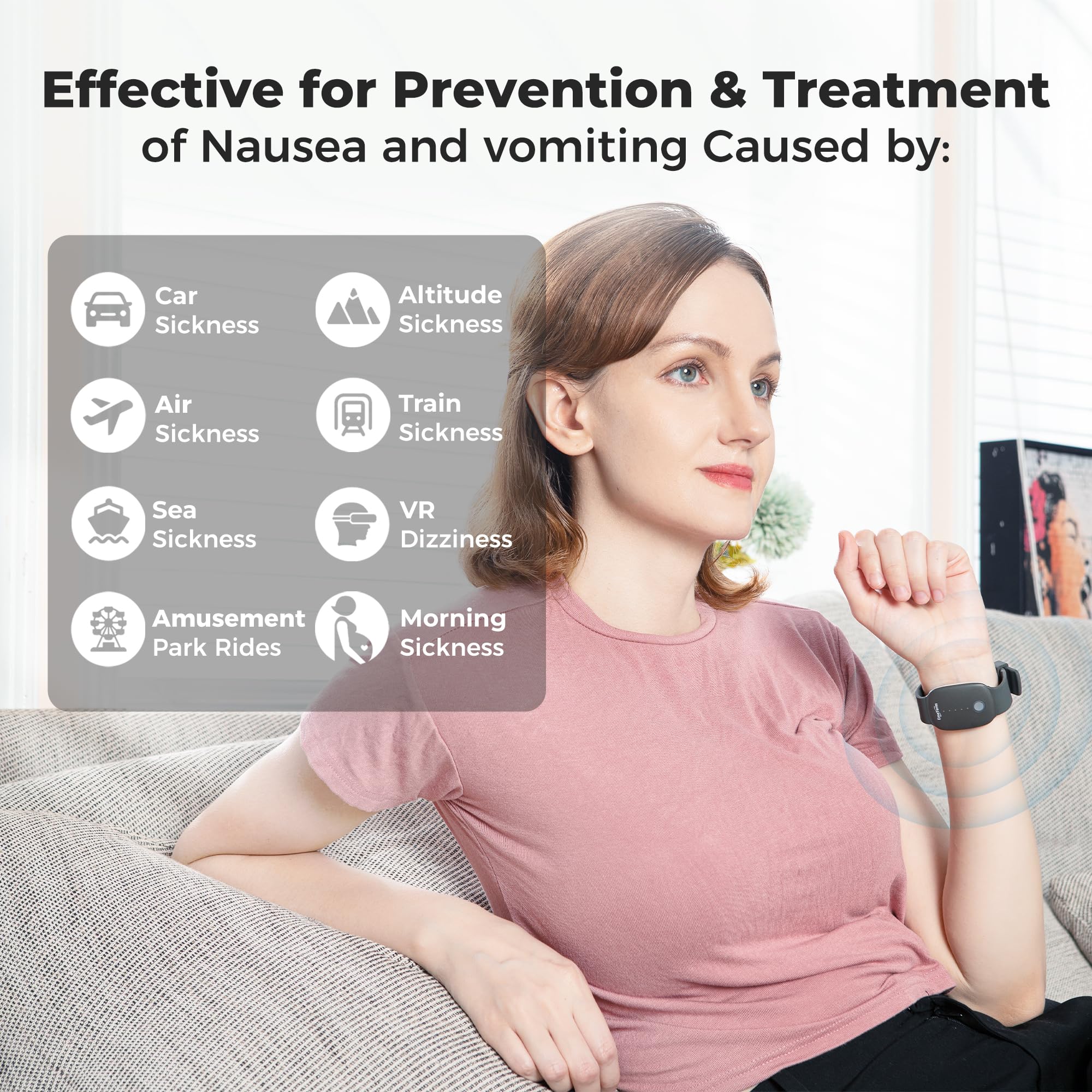Pulsera EmeTerm ofrece estimulación eléctrica suave para aliviar náuseas de mareo.