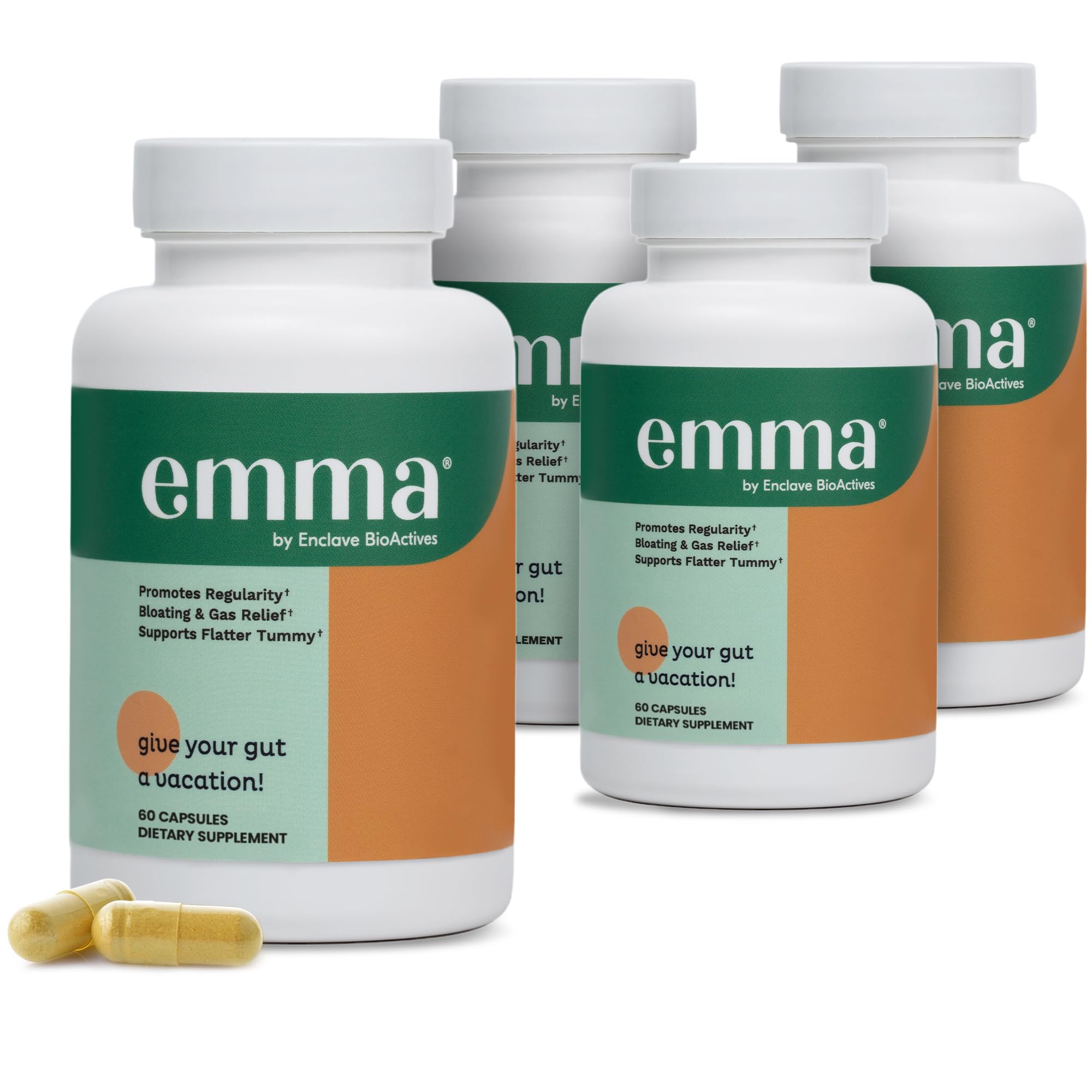 Emma Salud Intestinal muestra la botella y cápsulas para confort digestivo diario