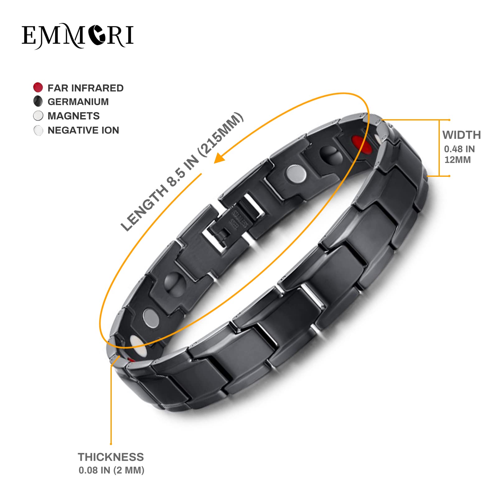 Pulsera magnética Emmori negra, cierre seguro, diseño hipoalergénico para uso diario.