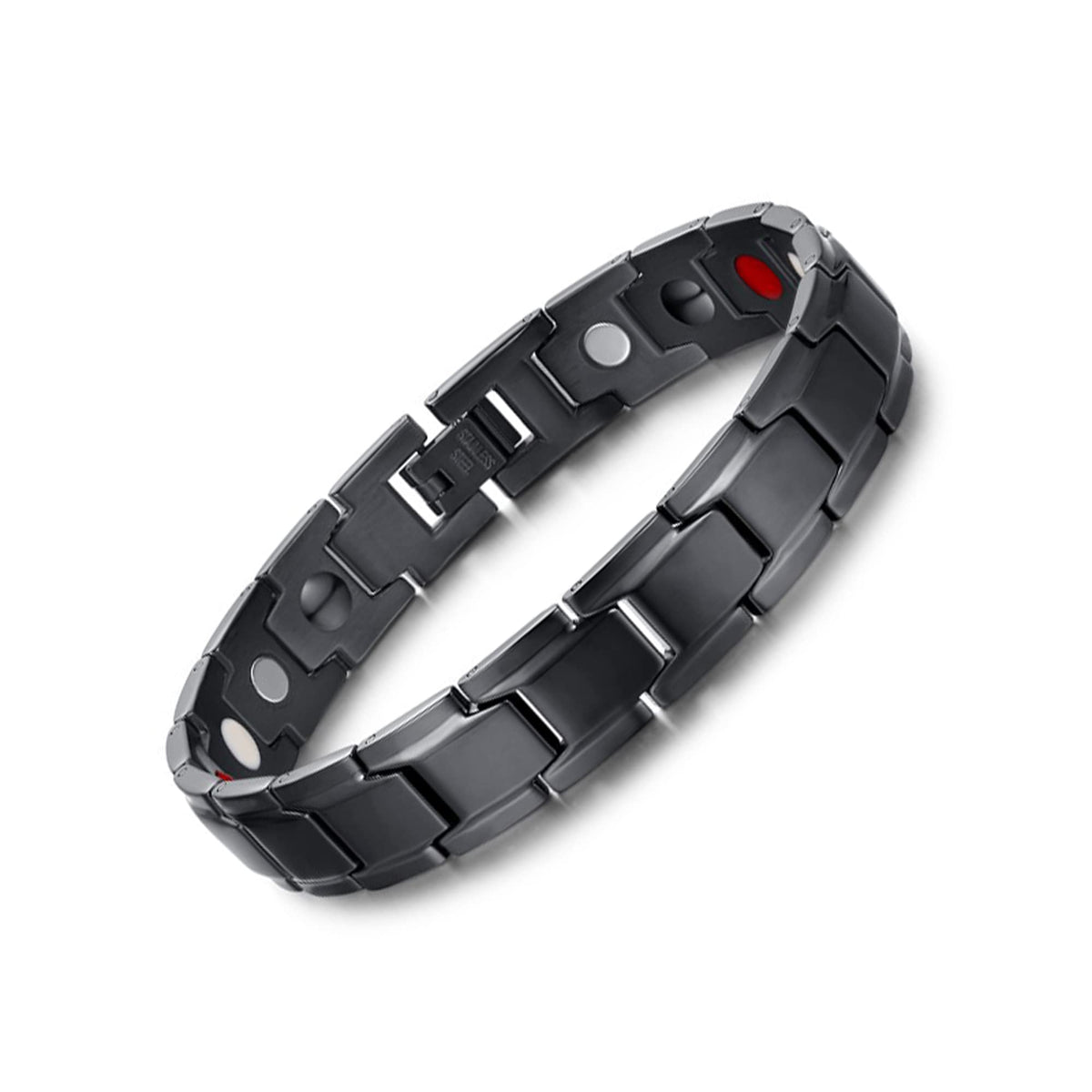 Pulsera magnética Emmori negra, vista frontal, posible mejora de la circulación y uso diario.