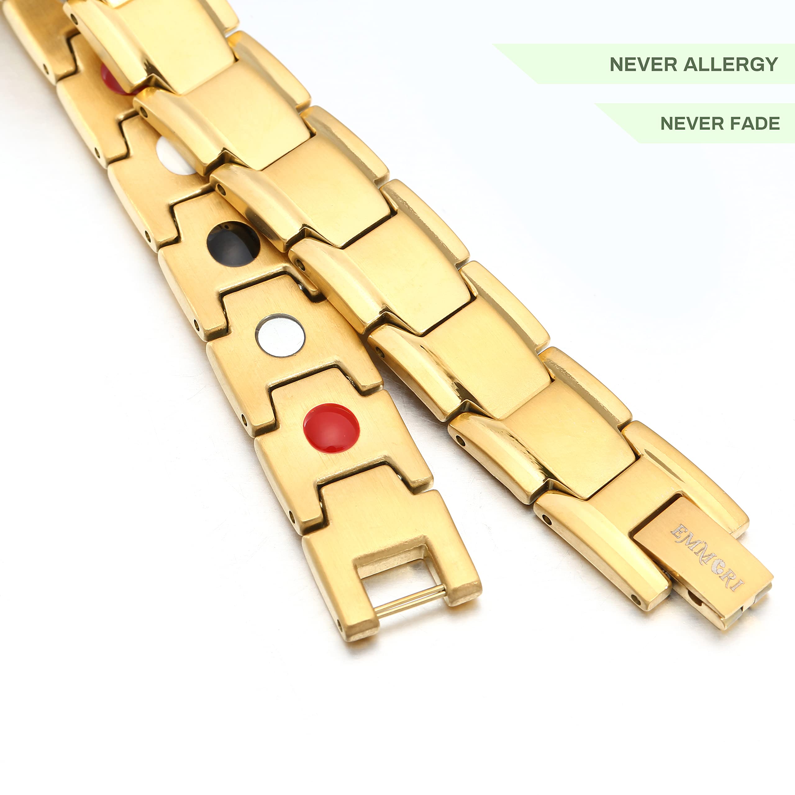 Emmori pulsera magnética Ultra Dorado, acabado de acero 316L, resistentes a la corrosión.