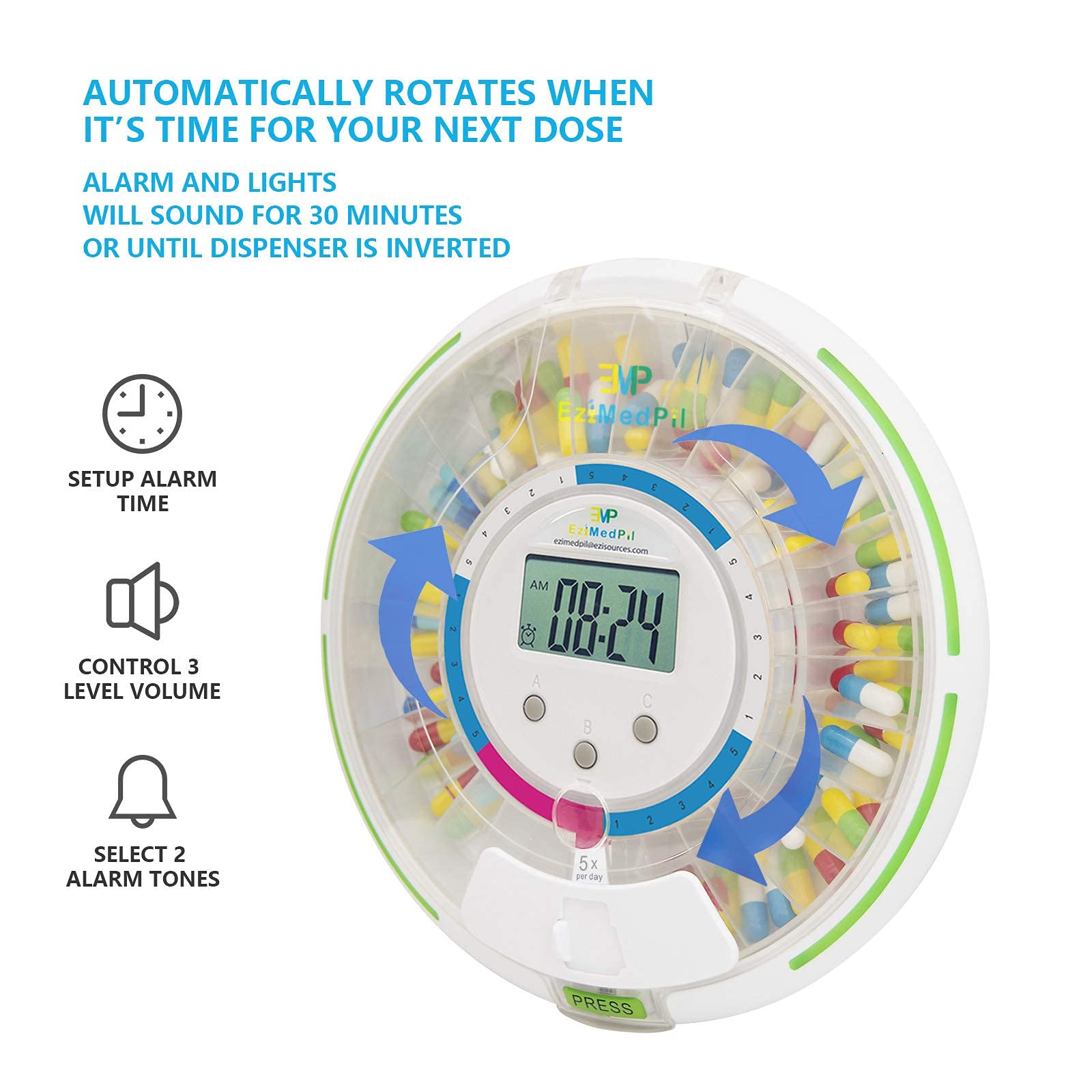 EMP EZIMEDPIL incluye alertas sonoras y visuales para recordar tomas puntuales.
