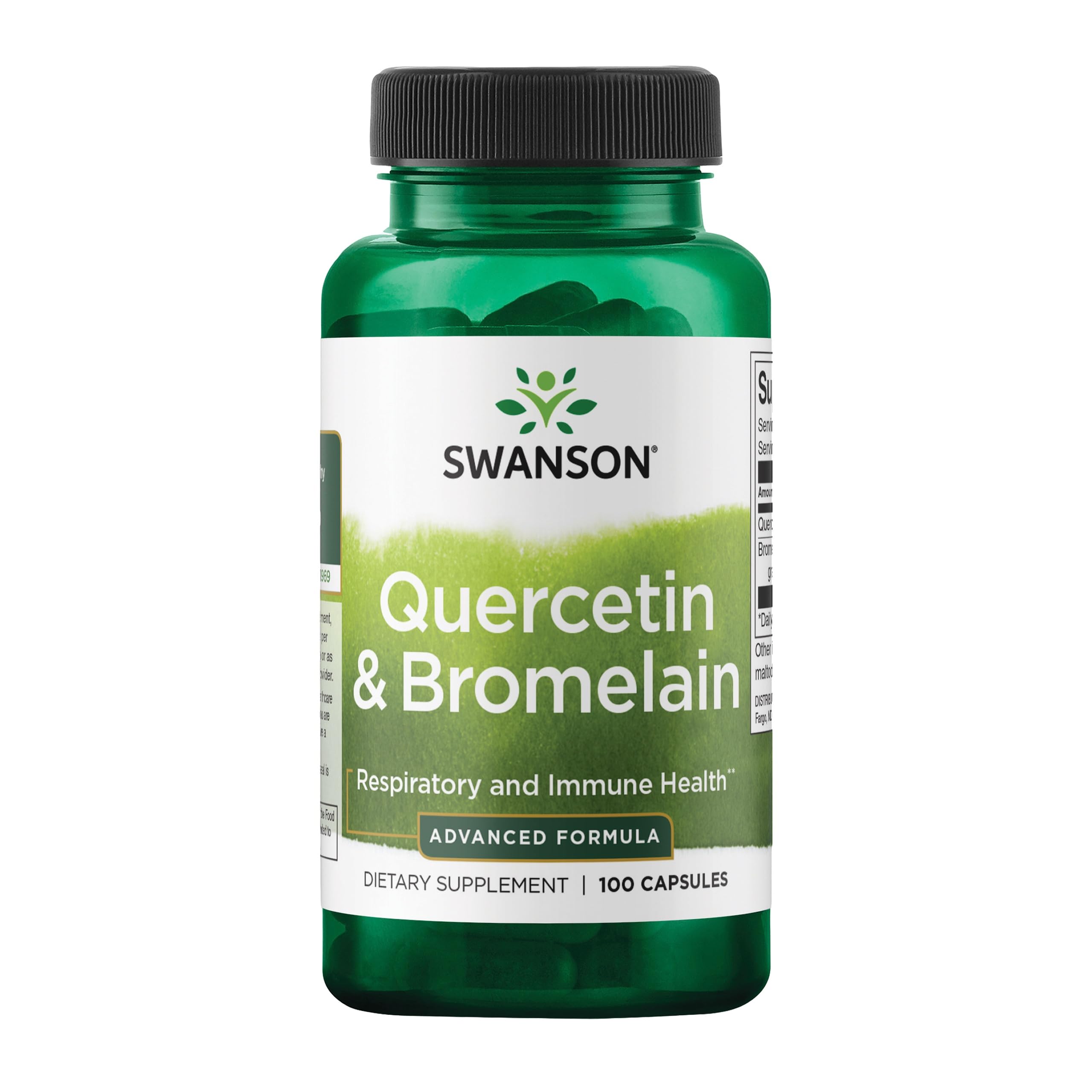 Swanson Quercetina y Bromelina en empaque de cápsulas, apoyo a la salud respiratoria.