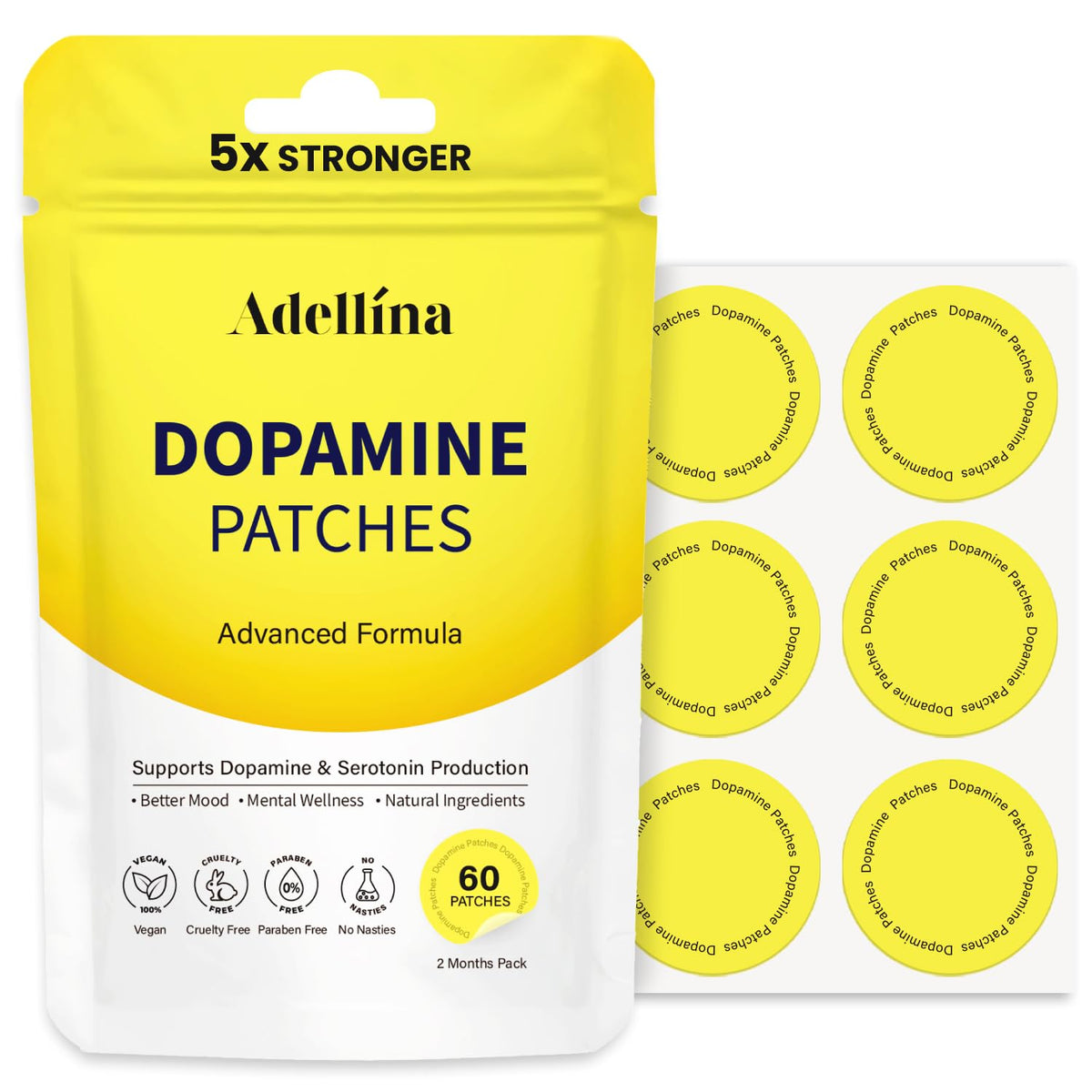 Parche Adellina Dopamine Patches en empaque frontal para bienestar diario.